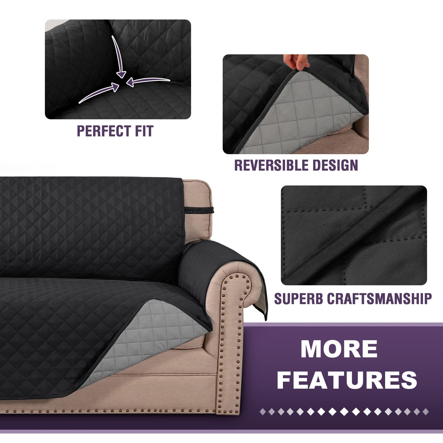 Reversible Quilted Sofa Slipcover - Water Resistant Furniture Protector with Elastic Straps for Pets & Kids (Oversized Sofa, Black/Grey) - Perfect for Pet Owners, Families & Home Decor Refresh | MeilleMaison