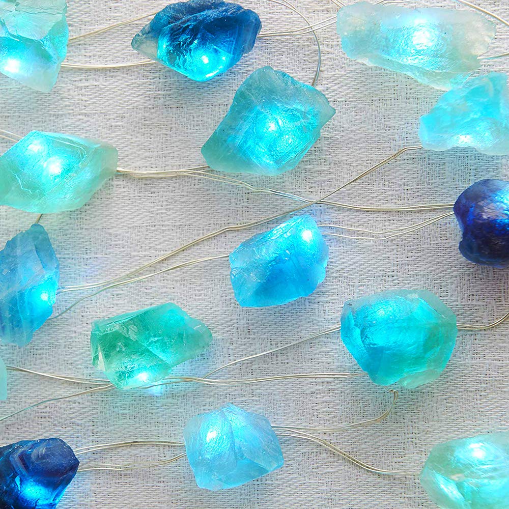 XIWU Natural Fluorite String Lights 6.5ft - 20 LED Battery Operated Fairy Lights with Remote Control | Sea Glass & Raw Stone Decor | Perfect for Bedroom, Party, Wedding, Anniversary & Indoor Decorations