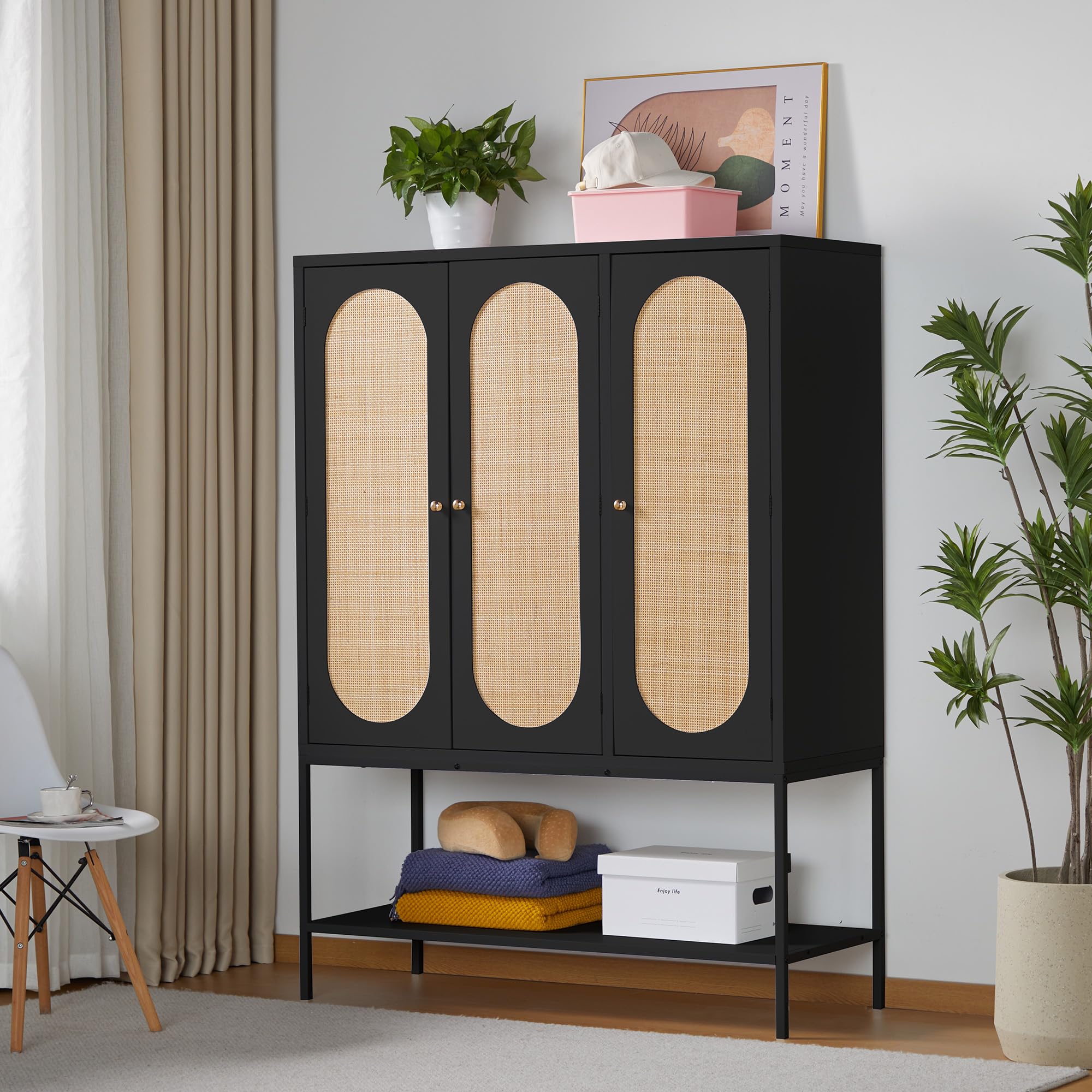 LEVNARY 3-Door Large Armoire Wardrobe Closet - Freestanding Rattan Cabinet with Hanging Rail for Clothes Storage, Wooden Closet Organizer for Bedroom, Black (47.24