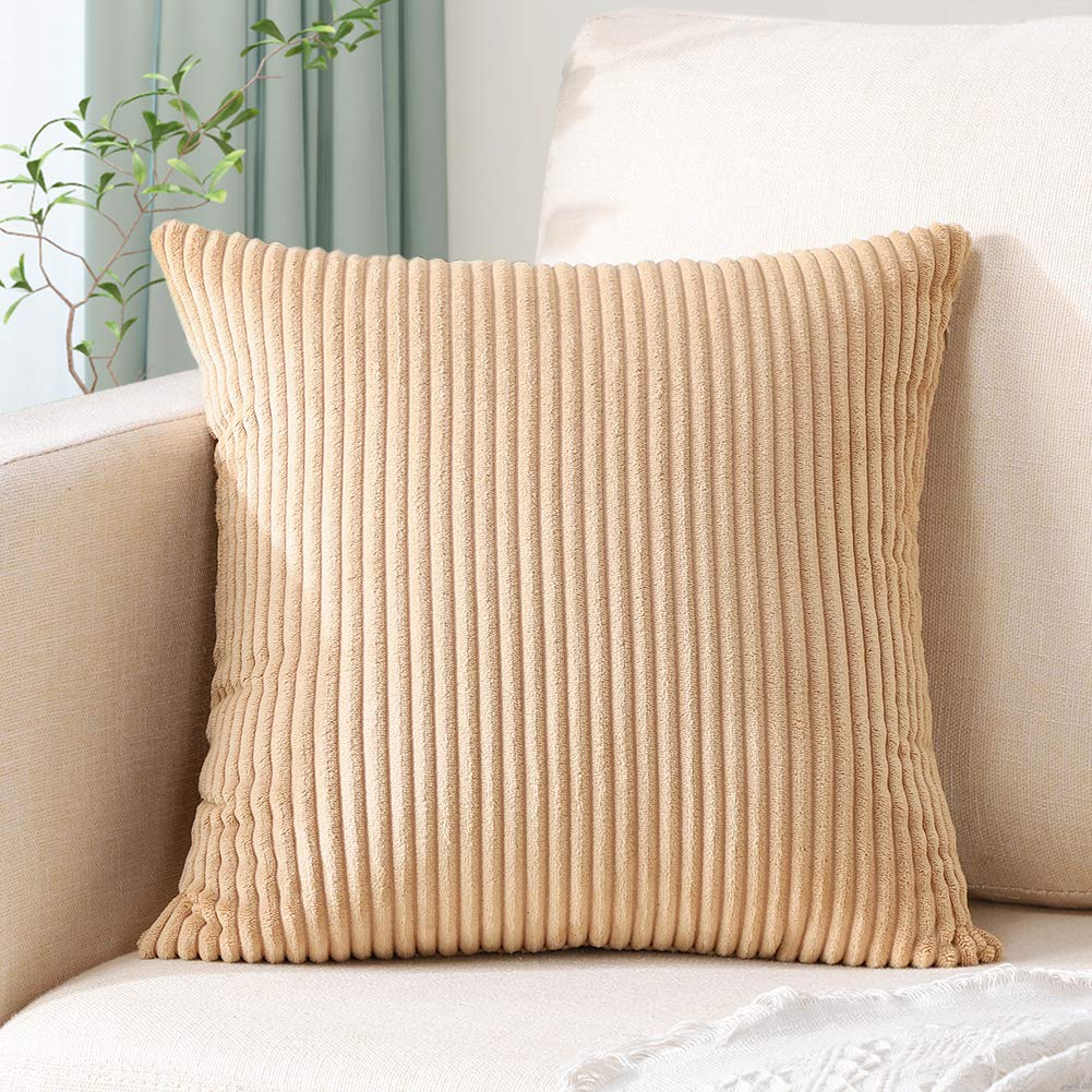 Artscope Cozy Striped Corduroy Pillow Covers 24x24 Inches - Super Soft Decorative Square Throw Pillow Cases for Sofa, Couch, Bed & Car - Khaki Home Decor | Perfect for Living Room, Nursery & Office Accents