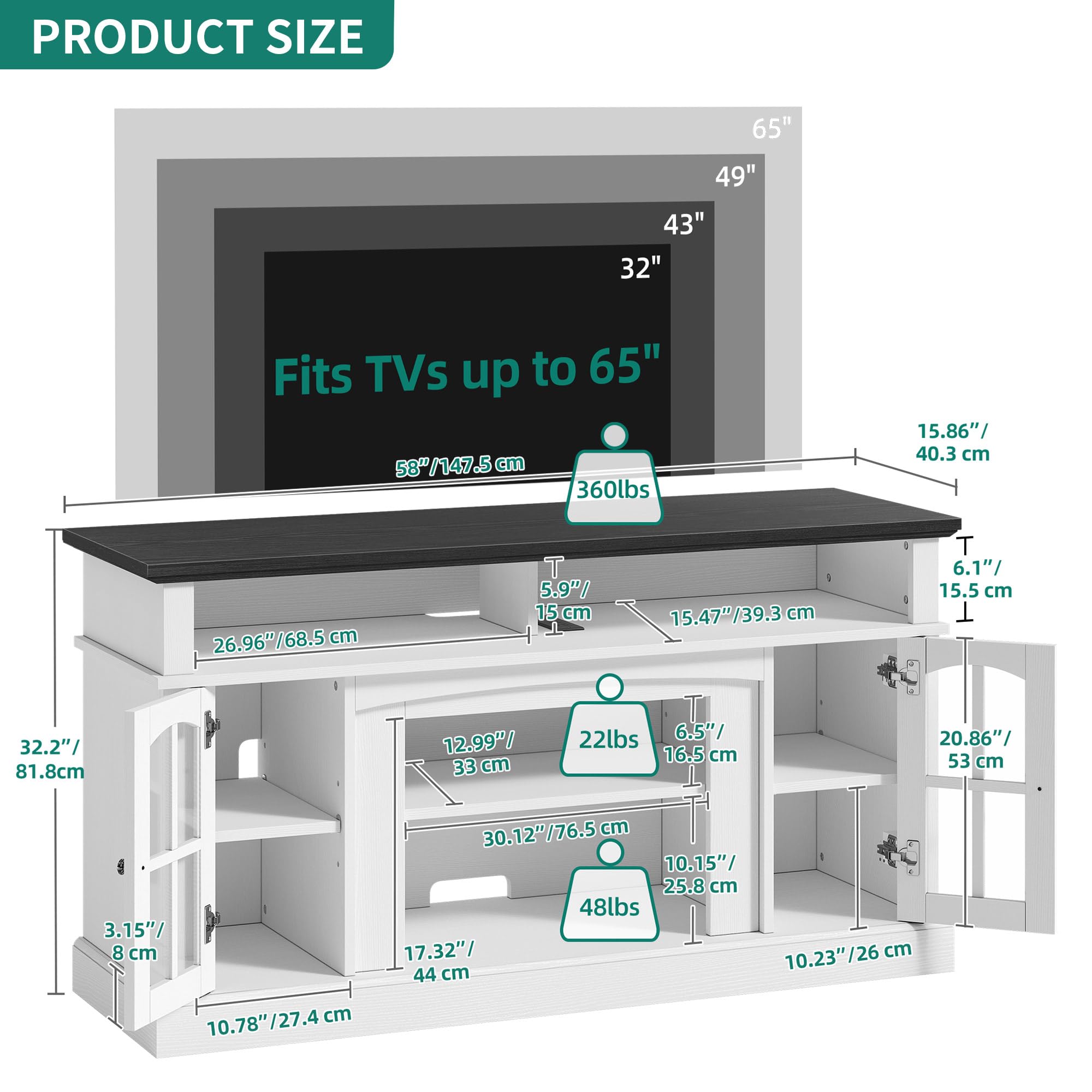 YITAHOME 65 Inch Modern LED TV Stand with Built-in Outlets, Farmhouse Style Entertainment Center with Glass Doors & Adjustable Shelves - Media Console Cabinet for Living Room (White/Black) | Perfect for Home Theater Setup & Living Room Organization