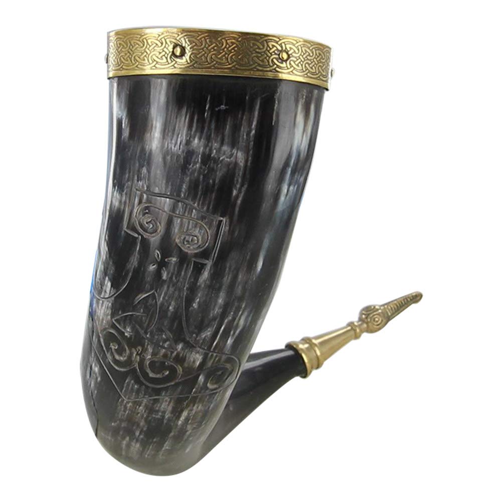 Hand-Carved Viking Norse Drinking Horn with Mjolnir Design - Authentic Mead & Ale Tankard for Medieval Reenactments, LARP Events & Viking-Themed Parties