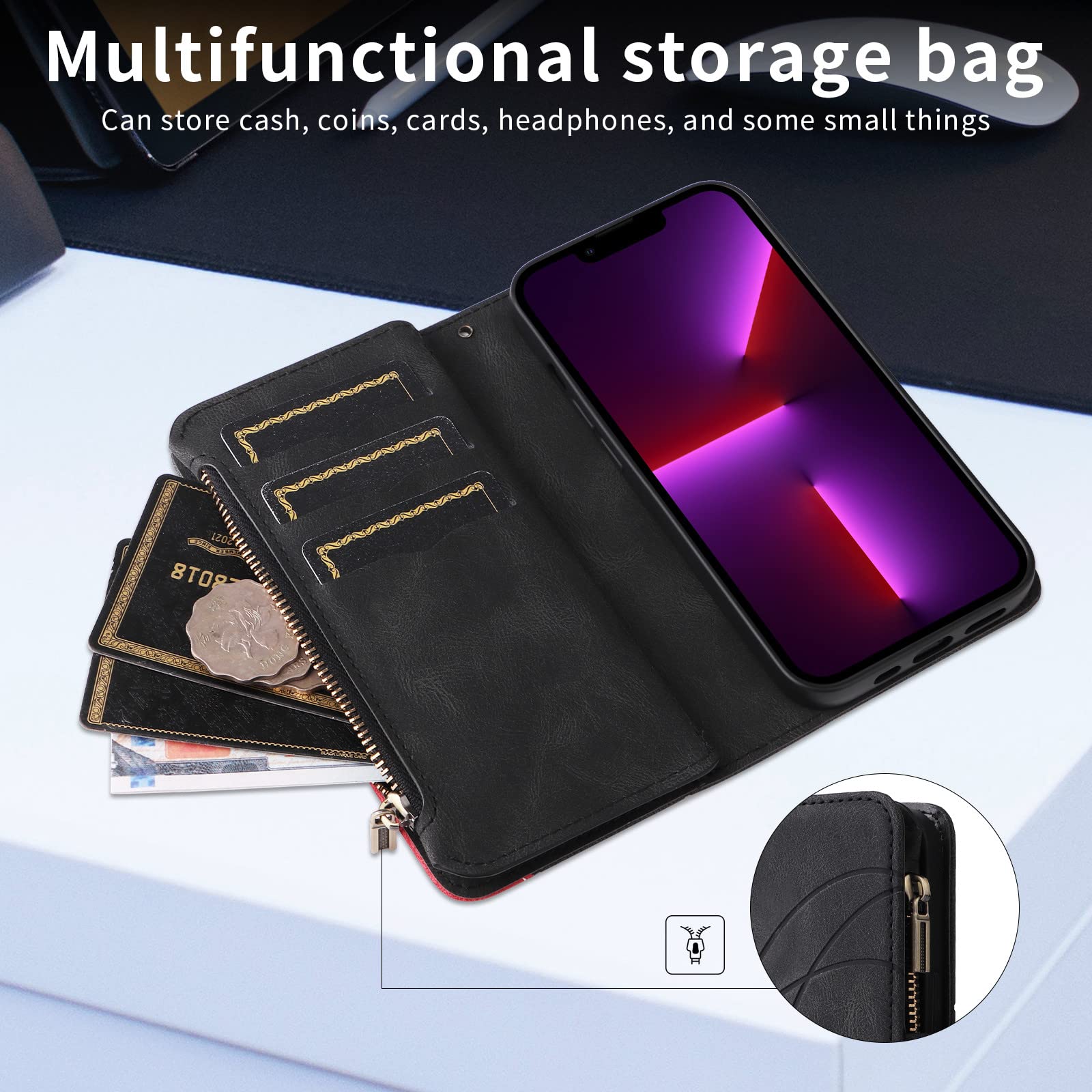 OnePlus Nord N20 5G/Oppo A96 5G Wallet Case - PU Leather Flip Zipper Purse with 9 Card Slots & Wrist Strap (Black) | Perfect for Daily Use, Travel & Secure Storage