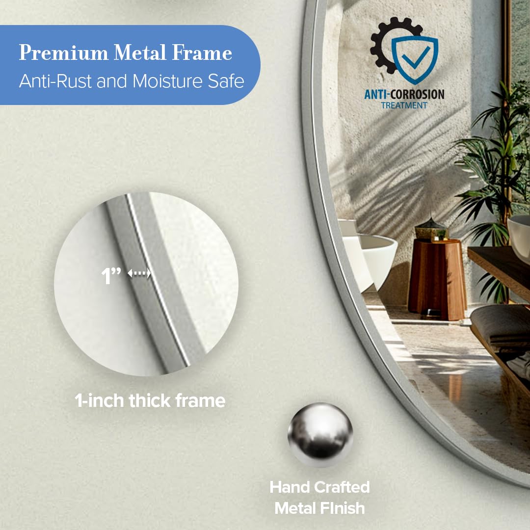 Gatco 1830 Modern Oval Bathroom Wall Mirror 28x21 Inch - Slim Beveled Framed Vanity Mirror in Satin Nickel for Bathroom, Living Room & Bedroom - Easy Mount Safety Bracket - Perfect for Home Decor & Makeup Area