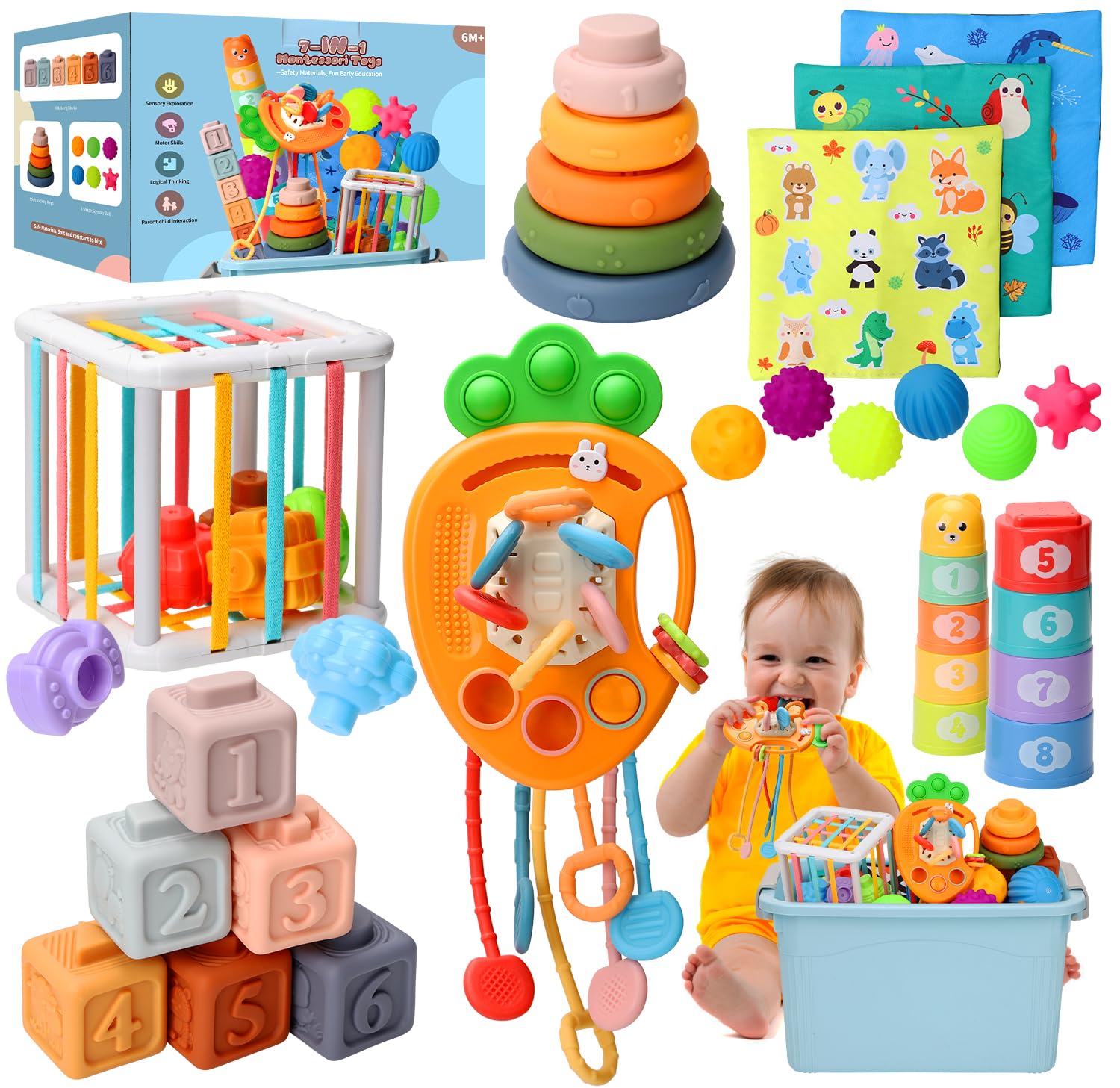 **Best Montessori Baby Toys 6-12 Months – 7-in-1 Sensory Learning Set with Pull String Toy, Stacking Blocks, Soft Rings & Sensory Balls – Perfect for Crawling, Teething & Early Development – Ideal Toddler Gift for Boys & Girls**    *(Use Cases: Great for sensory play, motor skill development, teething relief, and interactive learning – perfect for home, daycare, or travel!)*