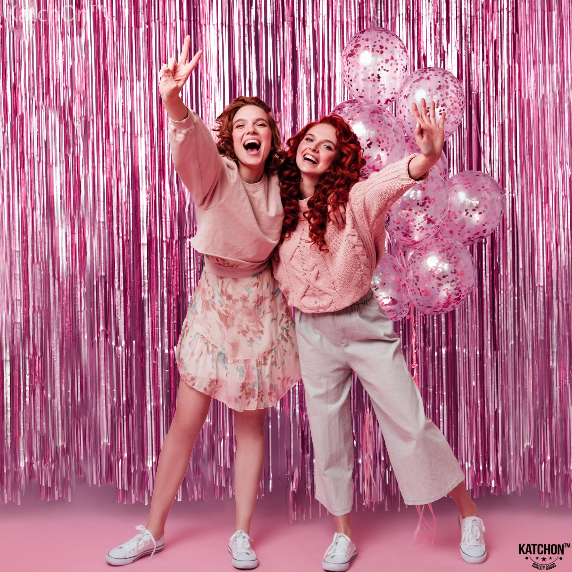 KatchOn Pink Foil Fringe Backdrop - XtraLarge 8x3.2 Feet (Pack of 2) | Party Decorations for Birthday, Baby Shower & Galentines Day | Pink Streamers, Photo Booth Background & Event Decor