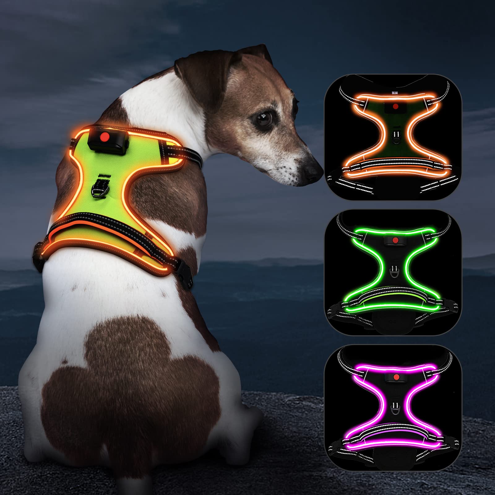 LED Dog Harness with Rechargeable Lights - No Pull Adjustable Reflective Vest for Small/Medium/Large/XL Dogs - 4-Point Adjustable Pet Safety Harness with Handle - Perfect for Night Walks, Jogging & Outdoor Adventures