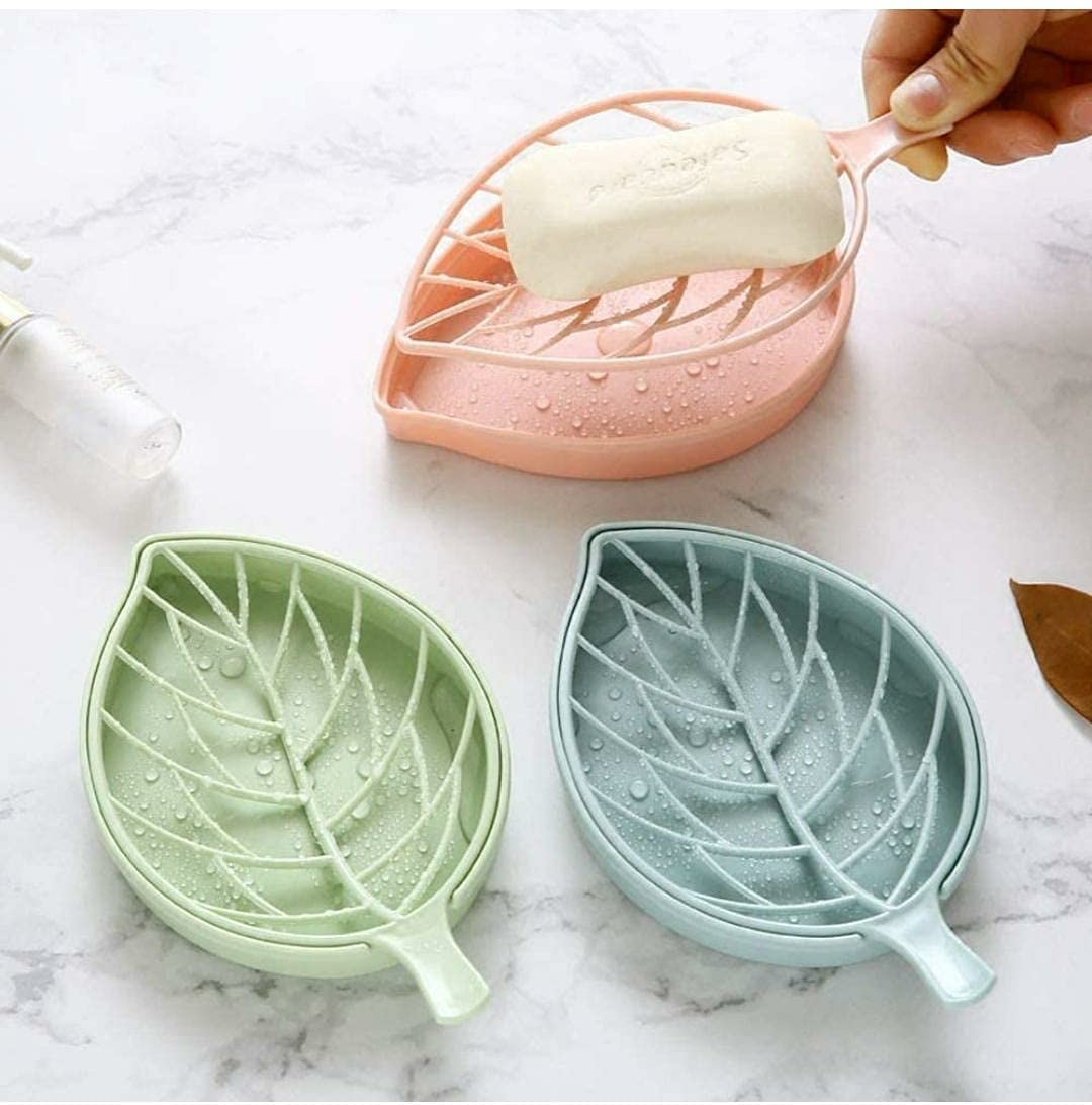 iSTAR Plastic 3-Piece Leaf Shaped Double Layer Soap Dish Set - Bathroom Organizer for Shower, Sink, and Countertop (Pink, Blue, Green) - Perfect for Home, Hotel, and Spa Decor