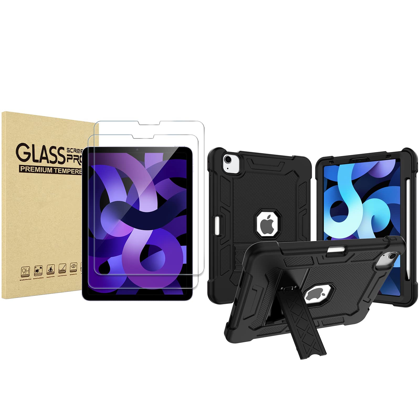 ProCase 2 Pack iPad Air 5 (2022) / iPad Air 4 (2020) / iPad Pro 11 Inch Screen Protector & Rugged Protective Case Bundle - Perfect for Work, Travel, and Everyday Use