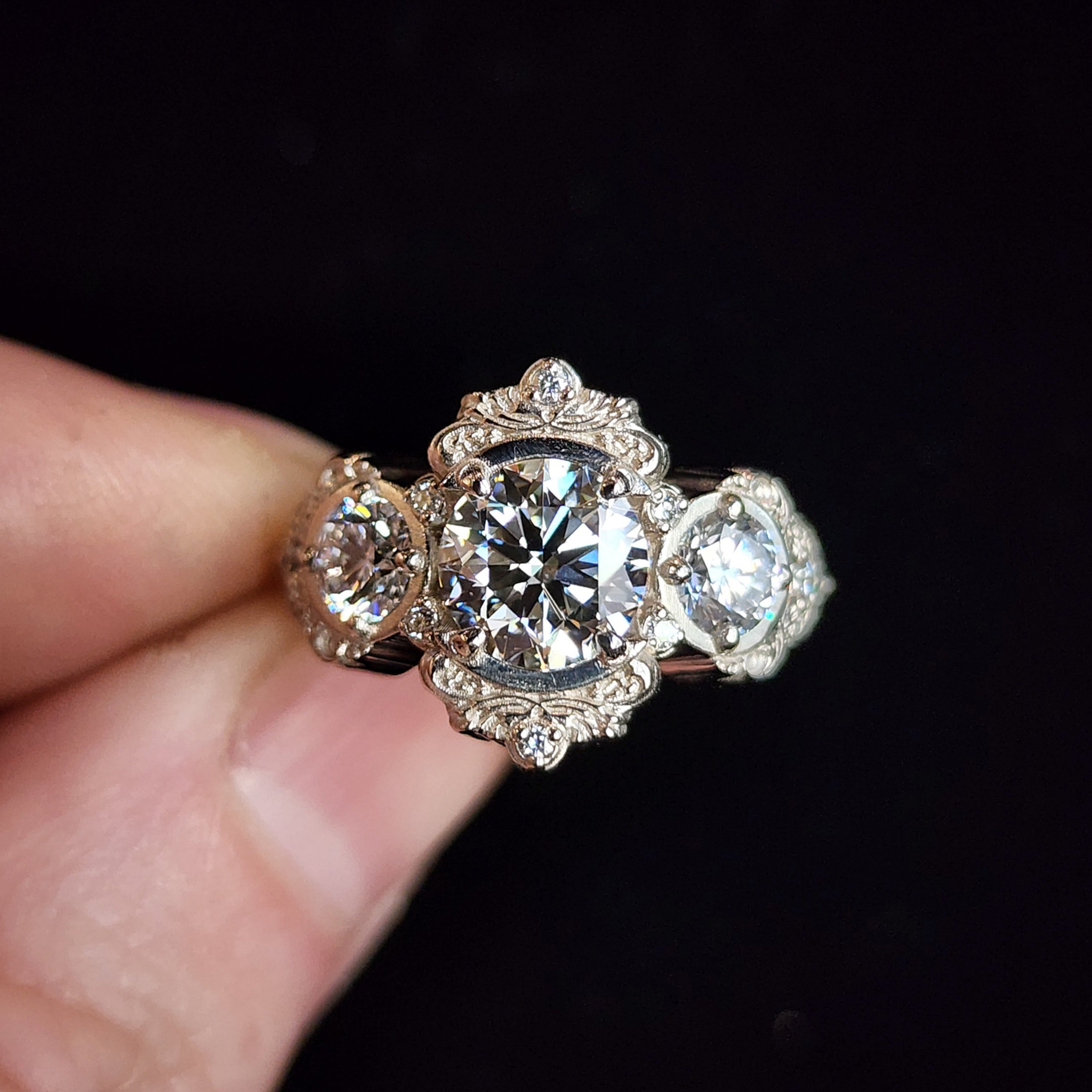 1.50ct Lab-Created Diamond 3-Stone Engagement Ring Set in 14K Palladium White Gold with Gold Filigree Details - Size 6 & 8 - Ready to Ship | Perfect for Proposals, Anniversaries & Bridal Jewelry