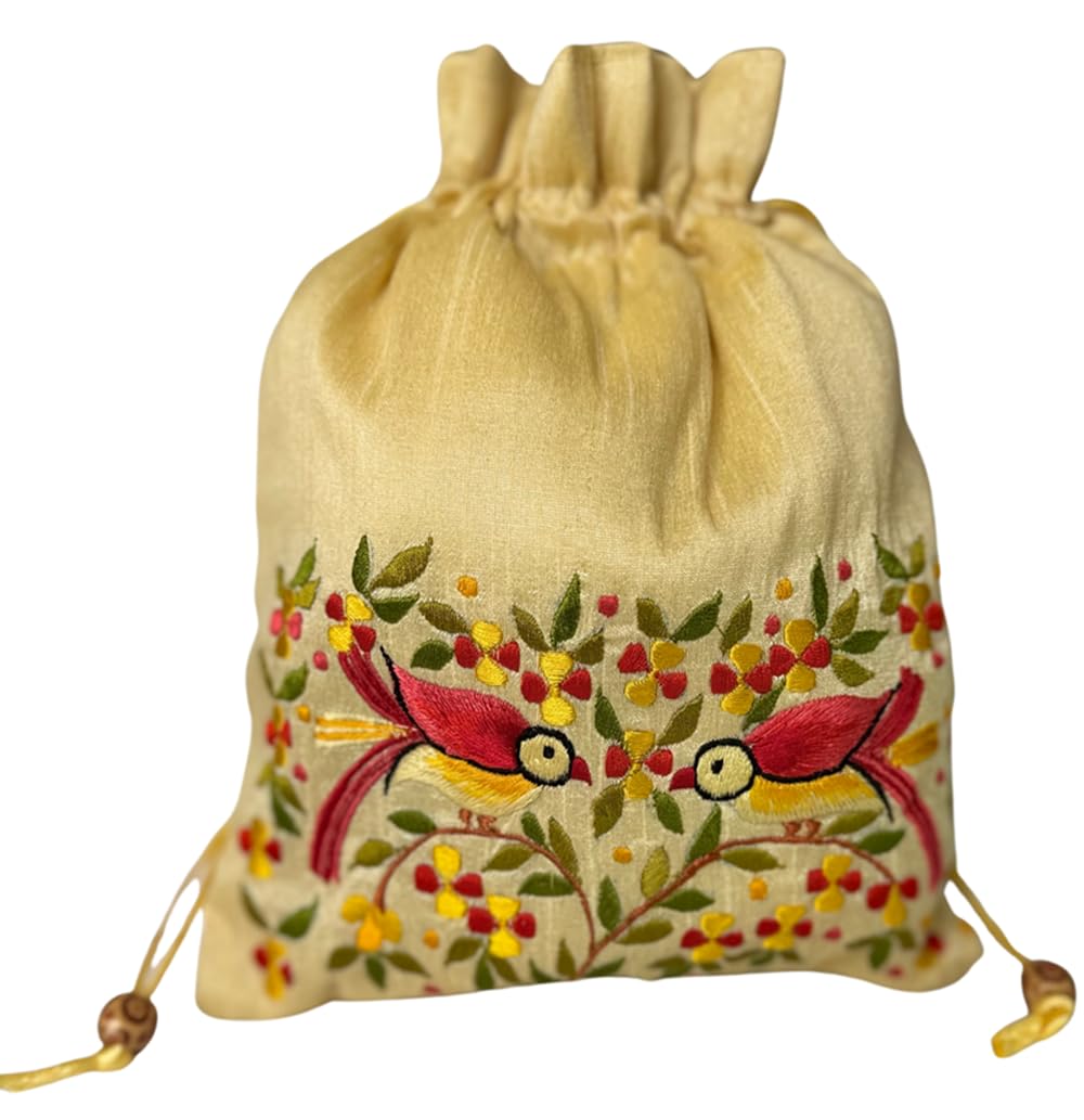 Lavanya Fashions Premium Raw Silk Embroidered Polti Handbag for Women - Cream Color | Elegant Clutch Purse for Parties, Weddings & Special Occasions