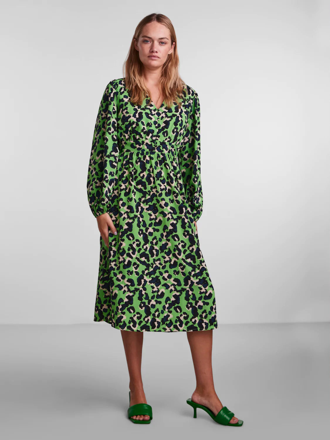 Erinn Midi Dress - Green Grass & Leo Print Floral Summer Dress for Women | Perfect for Beach Vacations, Garden Parties & Date Nights