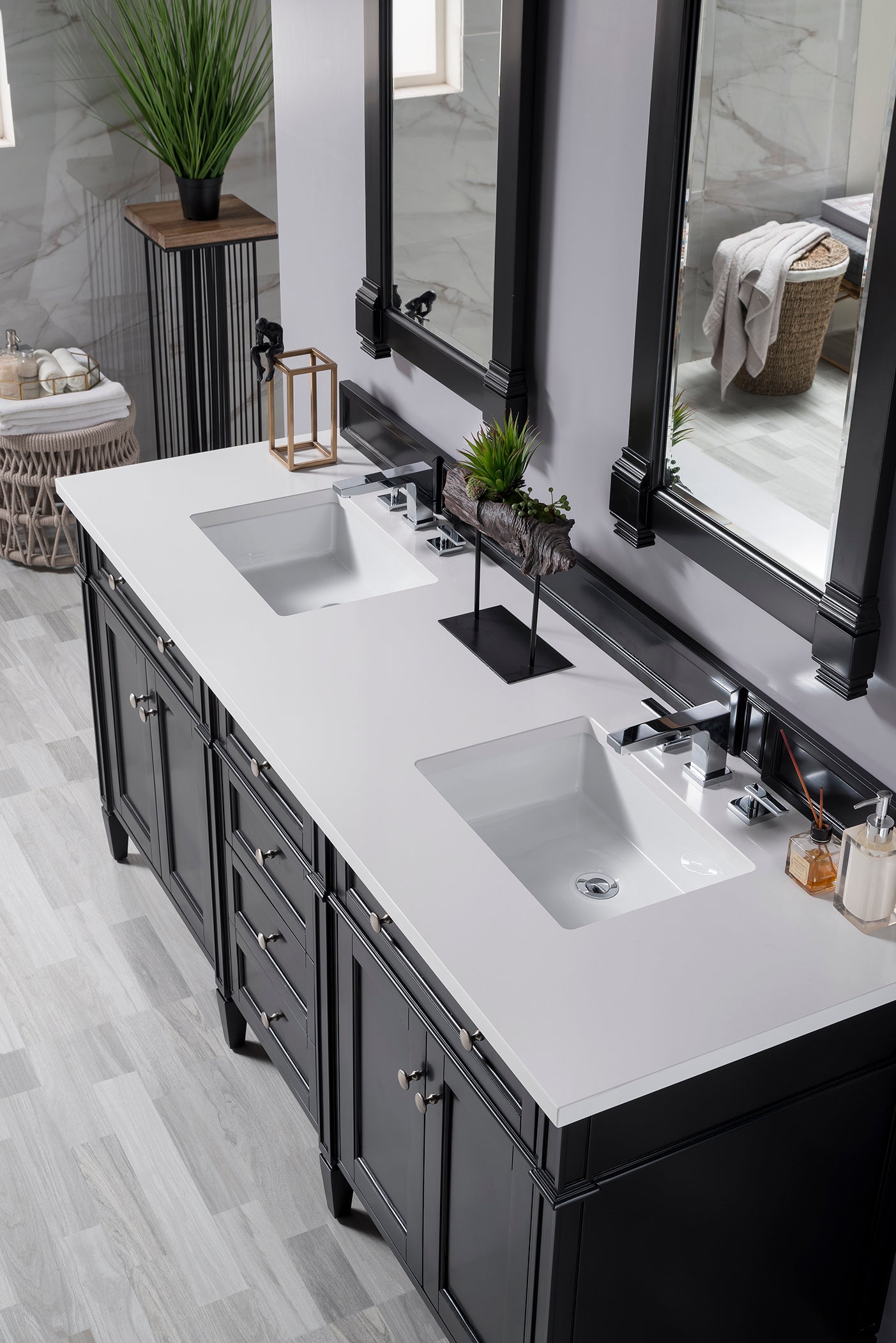 Brittany 72-Inch Black Onyx Double Vanity with 3CM White Zeus Quartz Countertop - Perfect for Modern Bathroom Renovation & Luxury Master Suite Design