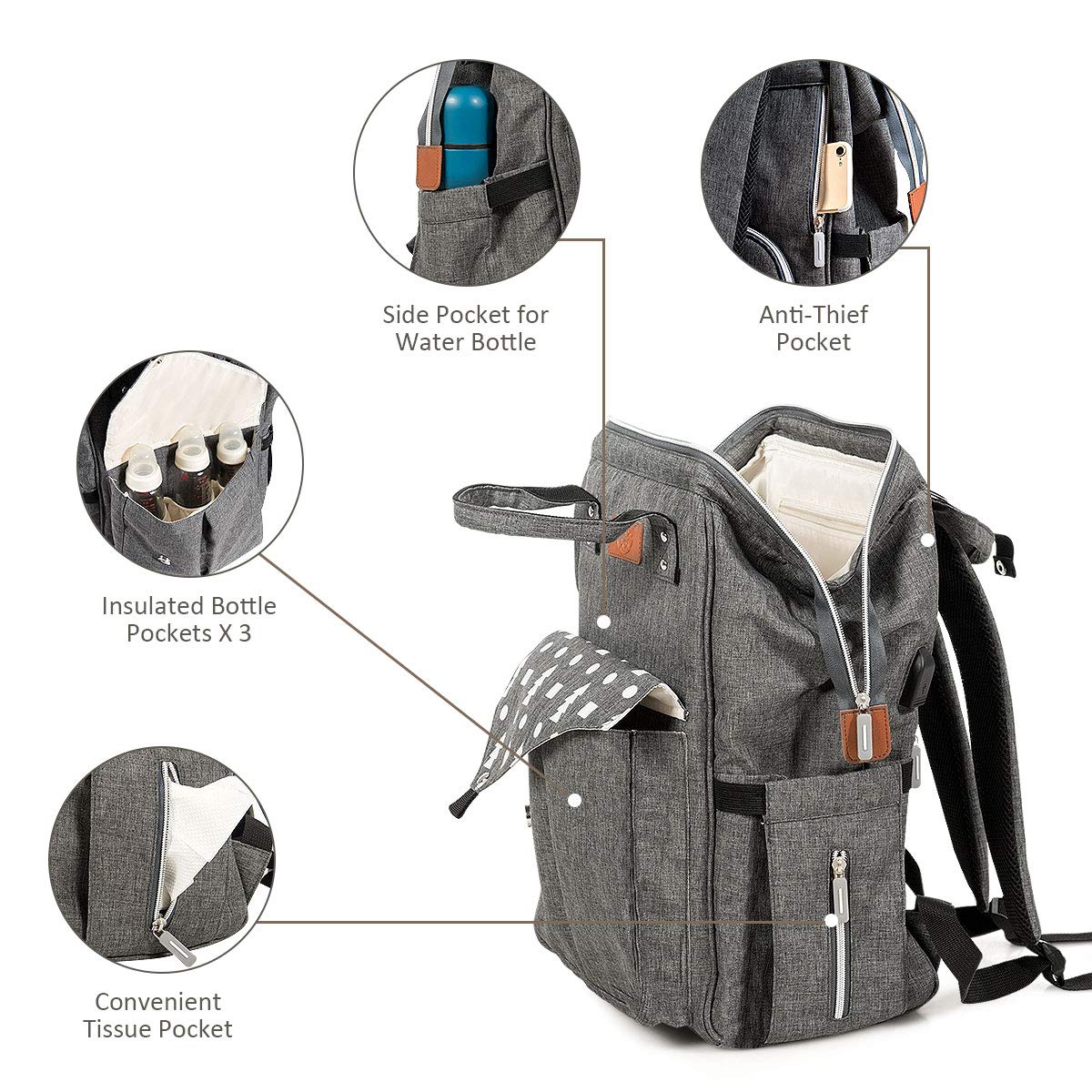 BABY JOY Waterproof Diaper Backpack - Large Capacity Multifunctional Baby Bag with Stroller Straps, Changing Pad & USB Charging Port - Perfect for Travel, Maternity & Everyday Baby Care (Gray)