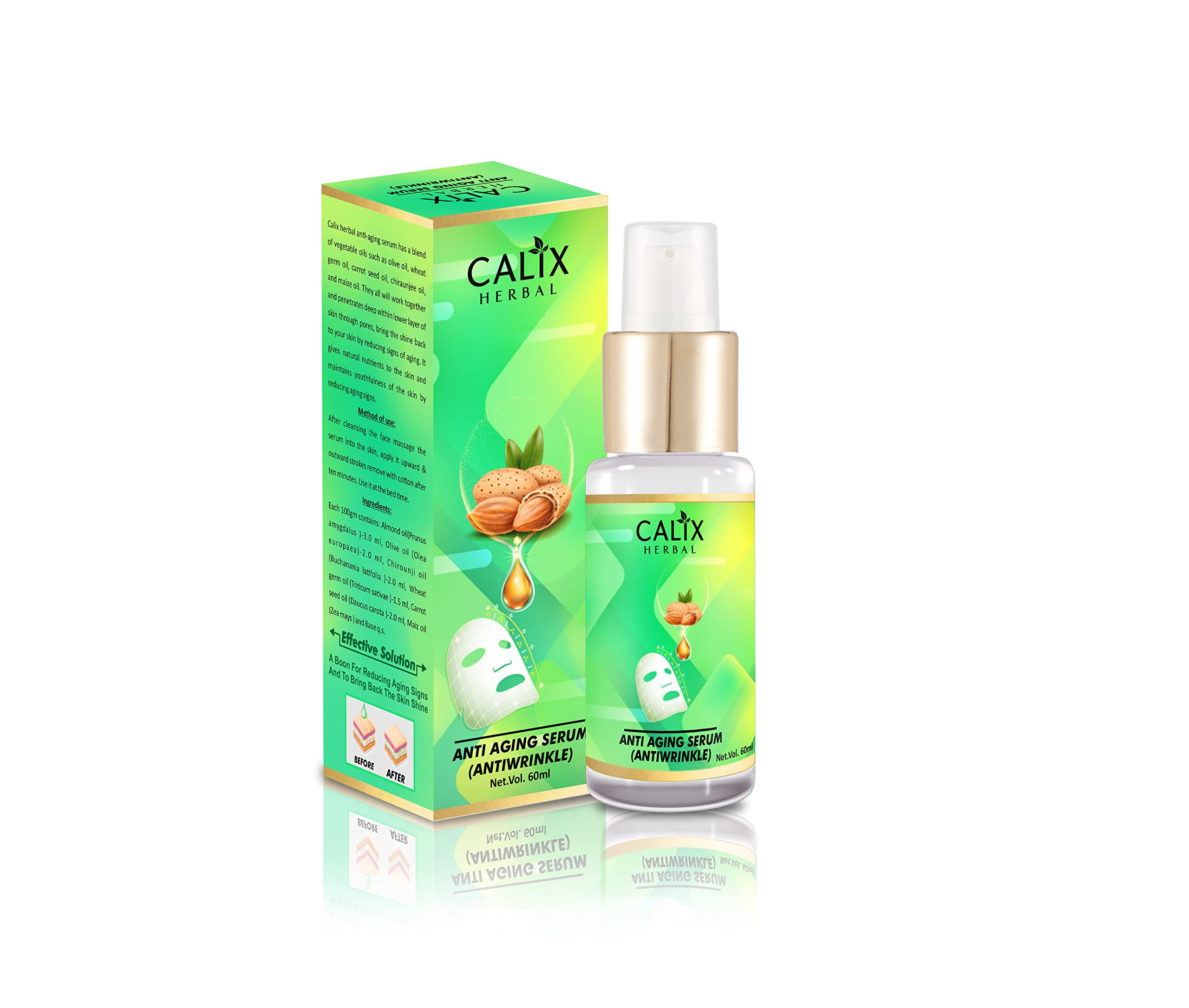 Calix Herbal Organic Ayurvedic Anti-Aging Face Serum for Men & Women – Reduce Wrinkles, Tighten Skin & Brighten Complexion | All Skin Types | 60ml | Perfect for Daily Skincare Routine & Nighttime Anti-Wrinkle Treatment