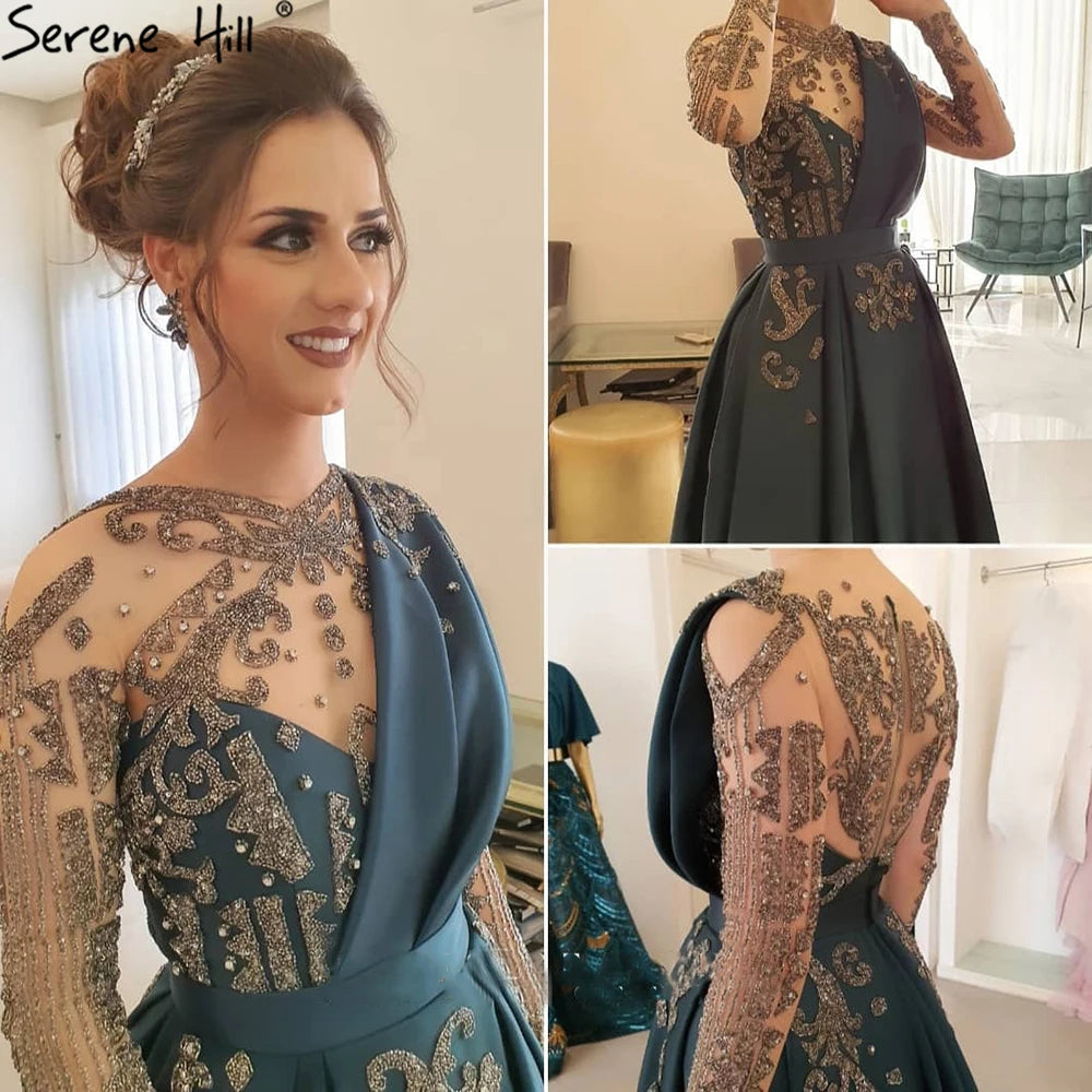 Elegant Muslim Blue Beaded Satin A-Line Evening Dress for Women - Wedding Party Gown LA71135 | Perfect for Formal Events, Prom Nights & Special Occasions