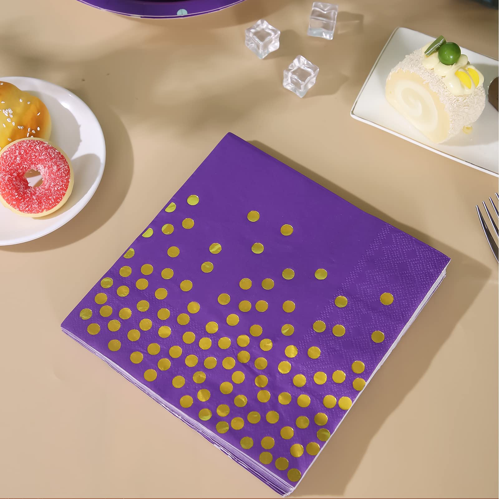 100-Pack Purple Cocktail Napkins with Gold Dots - Disposable Paper Dinner Napkins for Birthday, Anniversary, Wedding & Party Supplies - Perfect for Cocktail Hours, Bridal Showers, and Upscale Events