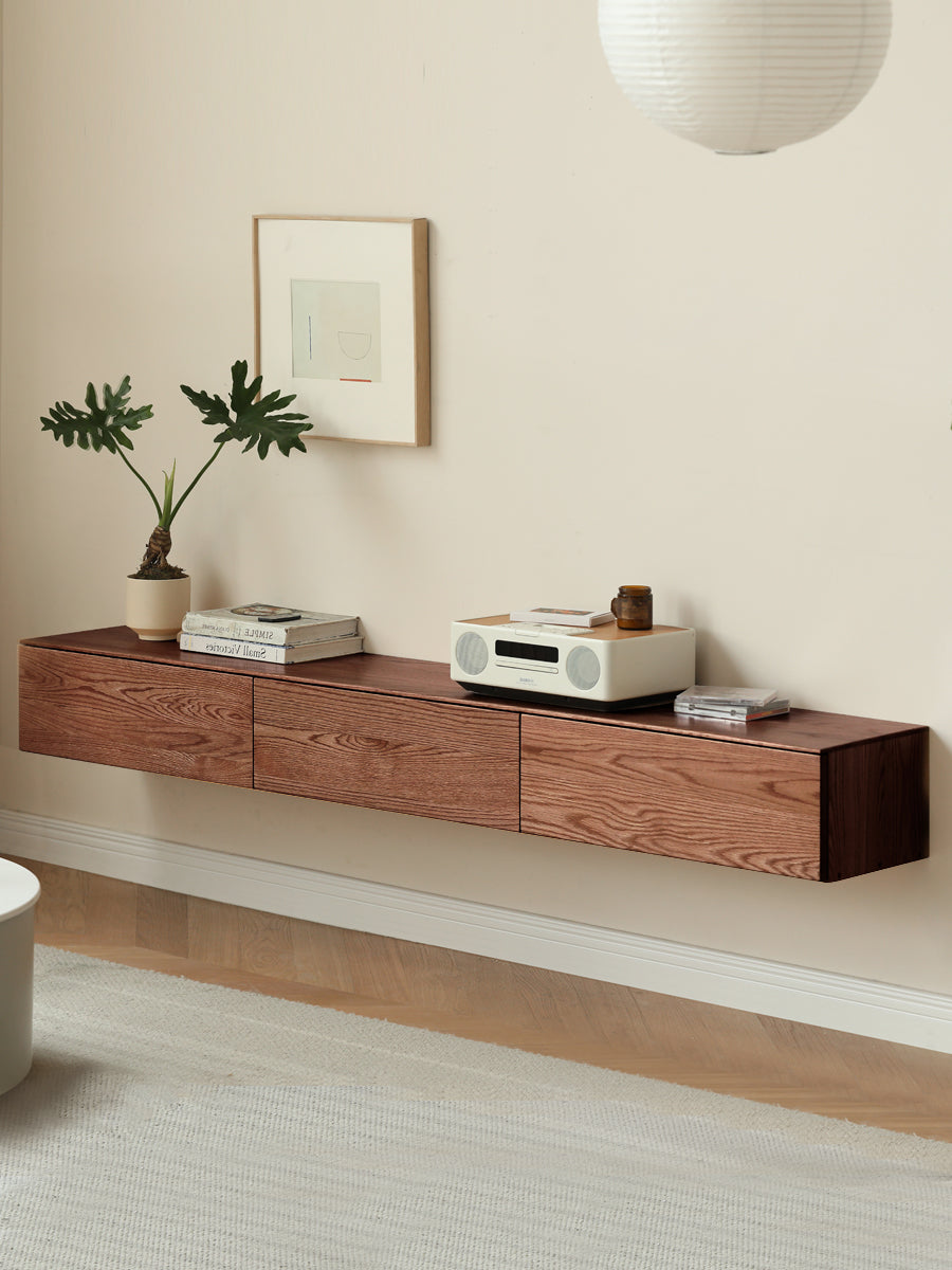 Solid Oak & Black Walnut Wood Floating TV Stand - Modern Wall Mounted Entertainment Center for Living Room, Bedroom & Home Theater