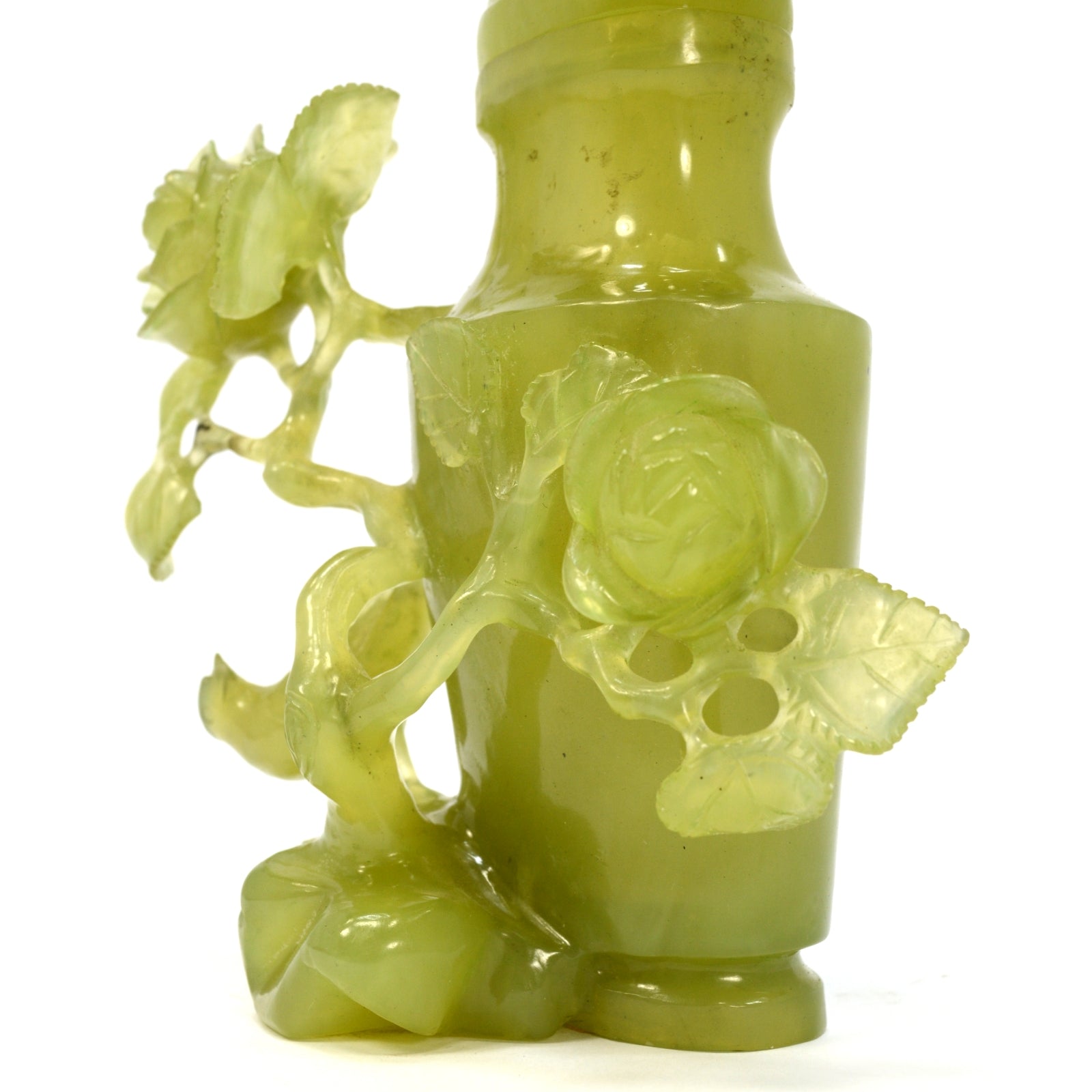 Antique Carved Jade Vase with Lid - Exquisite Roses & Birds Design - Repaired Collectible - Perfect for Home Decor, Asian Antique Collection & Gift Giving