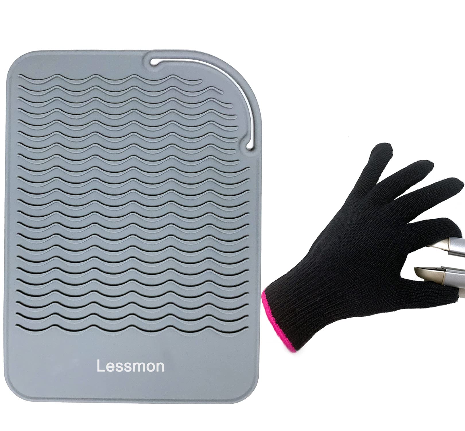 Heat Resistant Travel Mat for Curling Iron & Hair Straightener - 9”x6.5” Gray Counter Protector with Heat Resistant Glove | Perfect for Salon, Home & Travel Styling | Lessmon