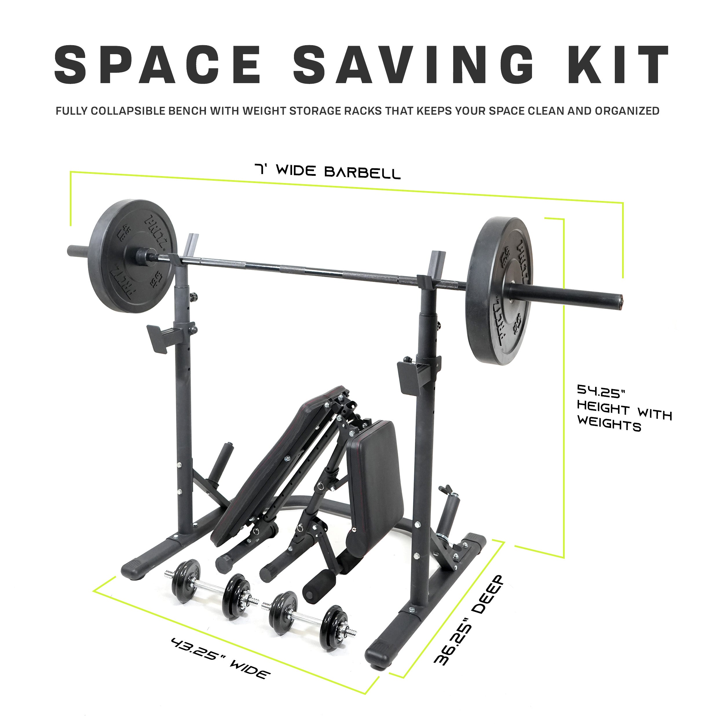 PRCTZ SP2 Home Gym Bundle - Olympic Weight Bench with Squat Rack, 7ft Olympic Barbell, 45lb Rubber Bumper Plates & 40lb Adjustable Dumbbells - Complete Strength Training Equipment for Home Workouts, Weight Lifting & Fitness Training