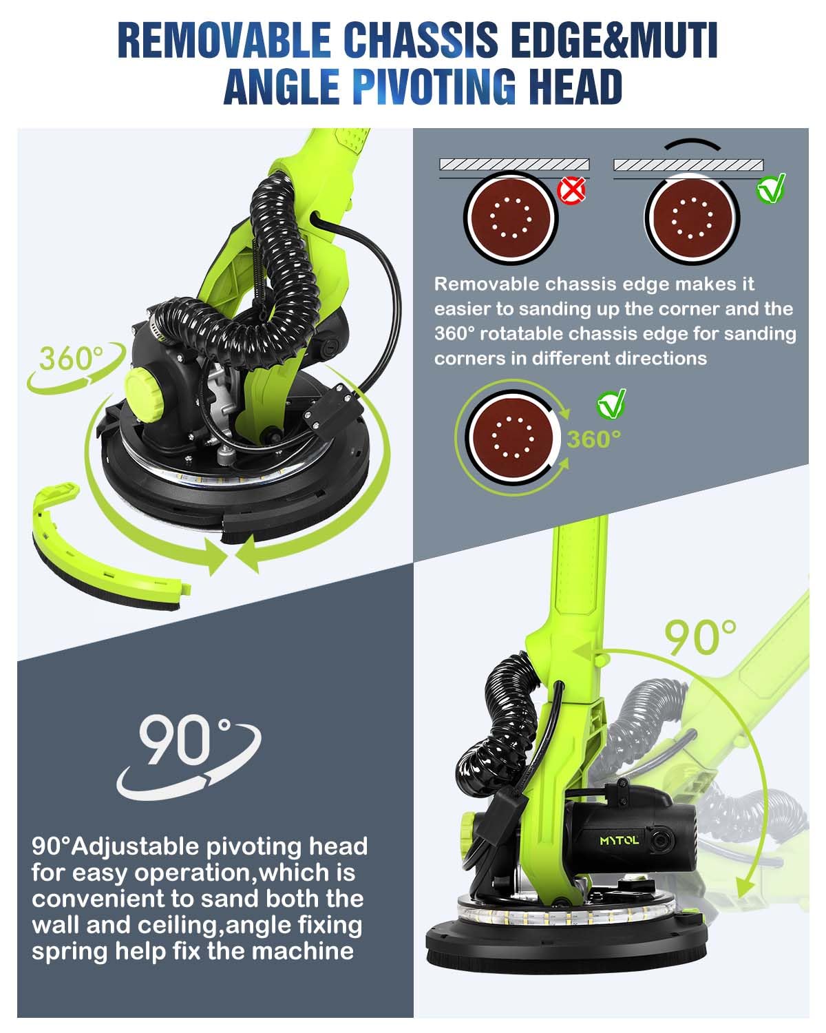 7.2A Electric Drywall Sander with Vacuum Dust Collection - 6 Speed Adjustable (900-1800 RPM), LED Light, Foldable Handle & 12 Sandpapers - Perfect for Home Renovation, Drywall Repair and DIY Projects