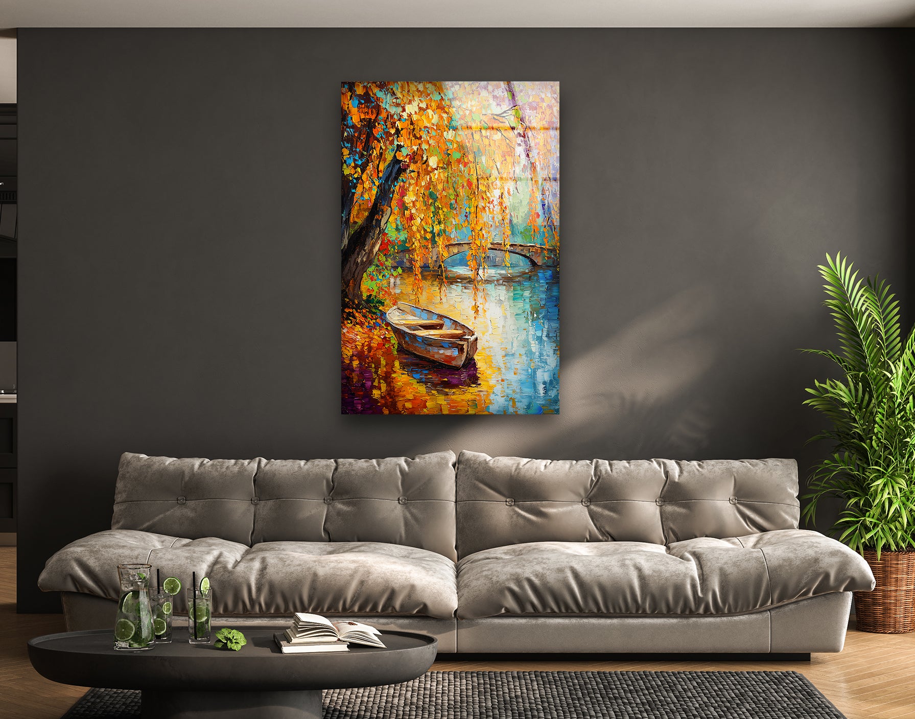 Vibrant Afremov Boat Painting - Stunning Glass Wall Art for Home & Office Decor - Perfect for Living Room, Bedroom, or Gift