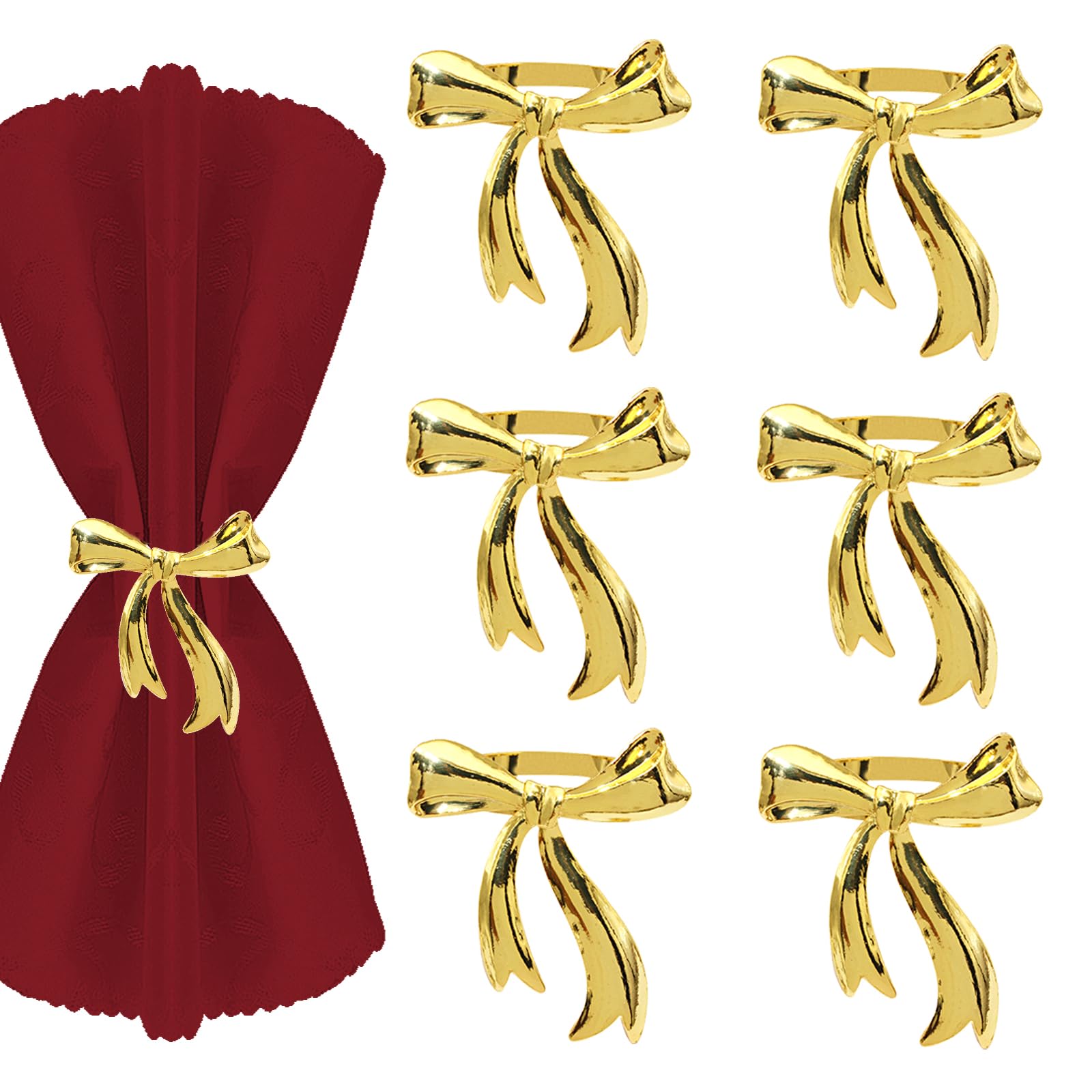 6-Pack Gold Napkin Rings Set - Elegant Bowknot Napkin Holders for Christmas Dinner, Wedding Banquet, Holiday Party & Family Gathering Table Decor - Perfect for Formal Dining, Restaurant Settings & Special Occasions (Gold)