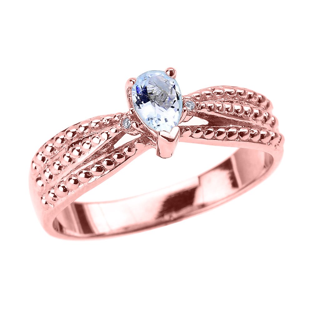 10K Rose Gold Aquamarine and Diamond Ring for Women - Elegant Birthstone Jewelry Gift for Anniversary, Engagement, or Special Occasions
