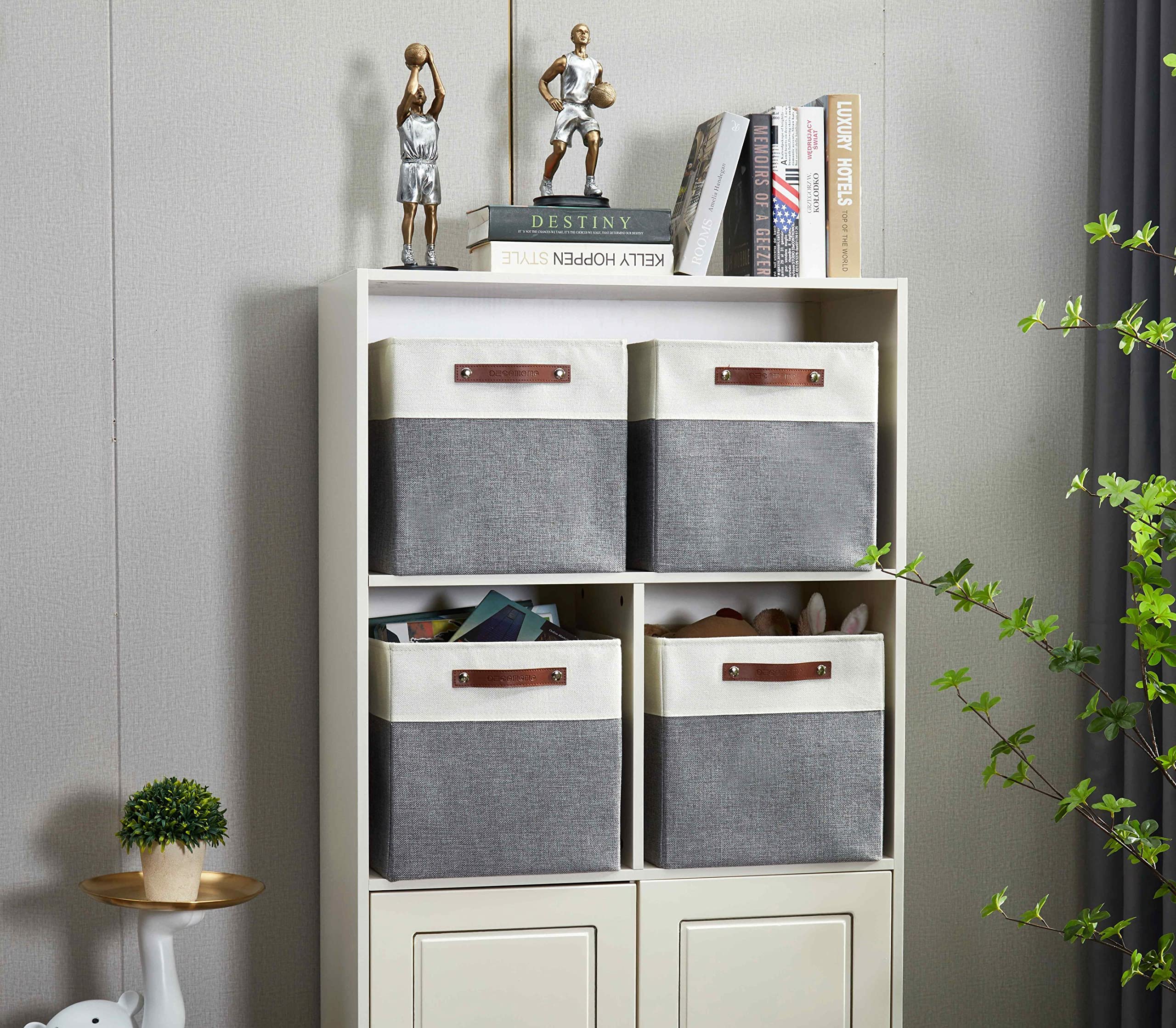 DECOMOMO 11 Inch Fabric Storage Bins - Set of 4 Grey and White Cube Organizer Baskets for Shelves, Closet, Nursery & Home Organization | Perfect for Toys, Books, Blankets & More