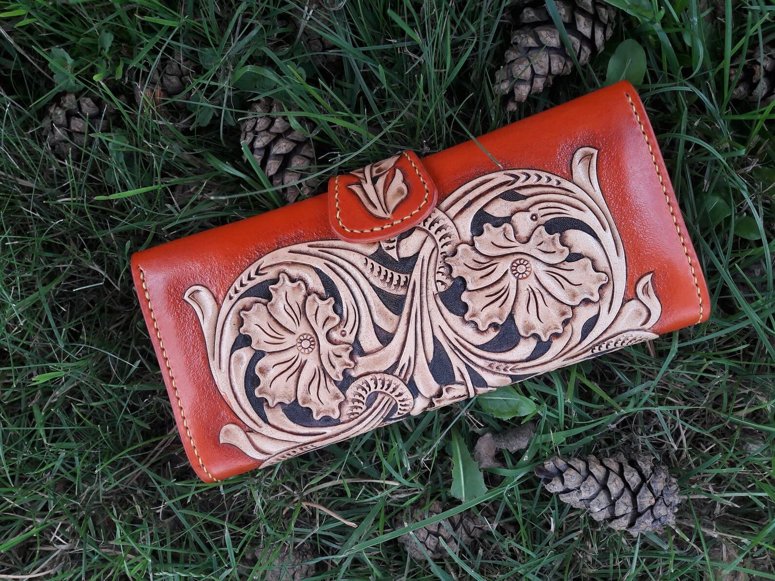Hand-Carved 3D Genuine Leather Wallet for Men - Custom Biker Wallet with Sheridan Style Artwork - Personalized Long Leather Wallet for Everyday Use & Gift Giving