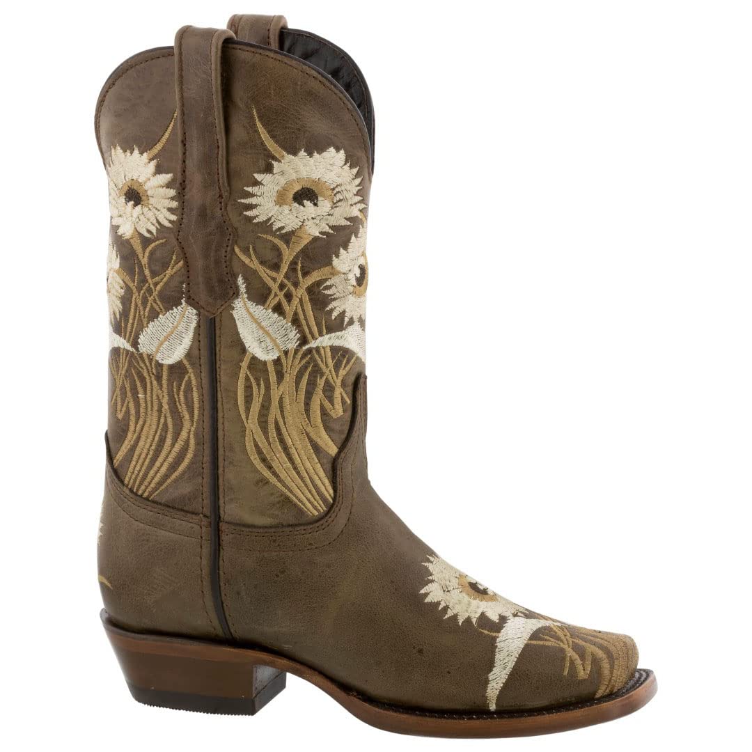 Texas Legacy Women's Light Brown Western Boots with Sunflower Embroidery - Genuine Leather Square Toe Cowgirl Boots for Country Dancing, Rodeo & Casual Wear