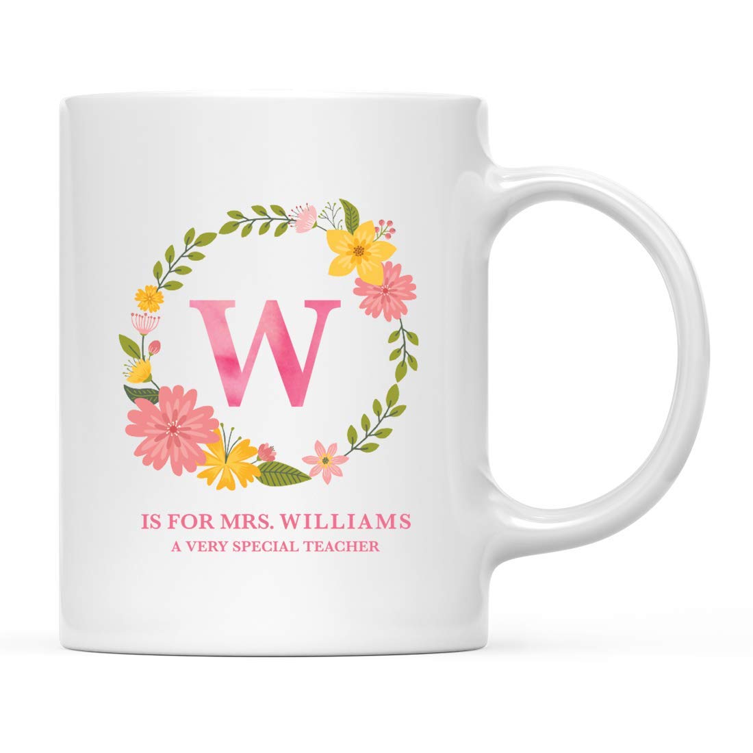 Personalized Teacher Coffee Mug Gift - W for Mrs. Williams, Special Floral Design Ceramic Cup (1-Pack) - Perfect for Teacher Appreciation, Retirement Gifts & Classroom Use