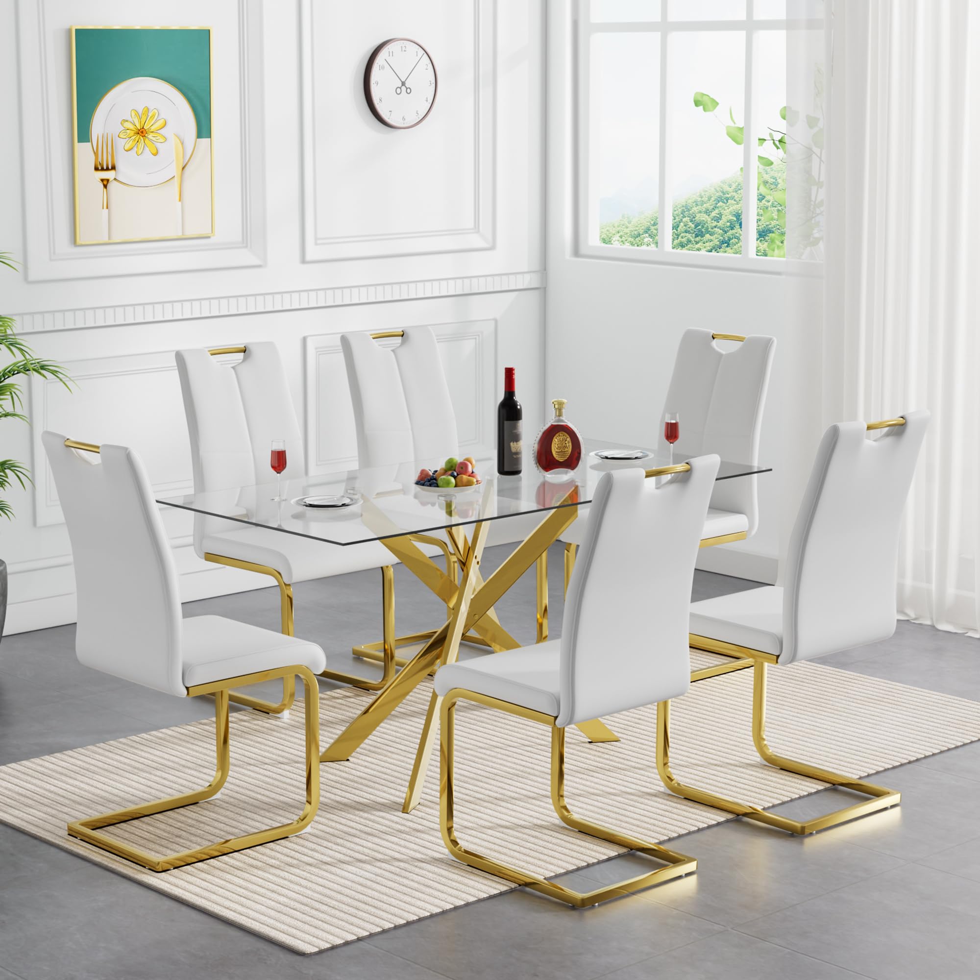 7-Piece Rectangular Glass Dining Table Set with 6 PU Chairs - Modern Kitchen & Dining Room Furniture for Family Meals & Entertaining Guests