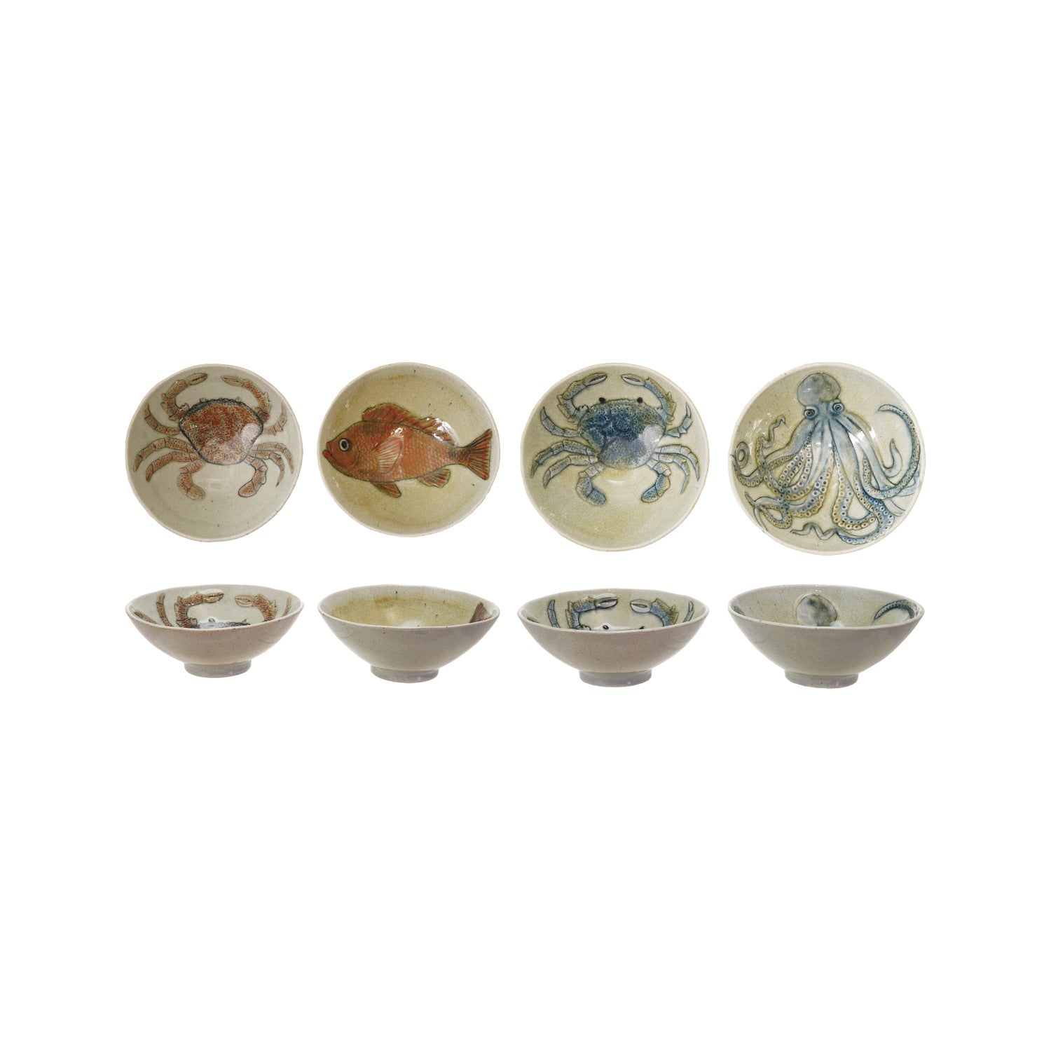 Hand Painted Stoneware Bowl with Ocean Life Design - 4 Unique Artisan Styles (Perfect for Soups, Salads & Home Decor)