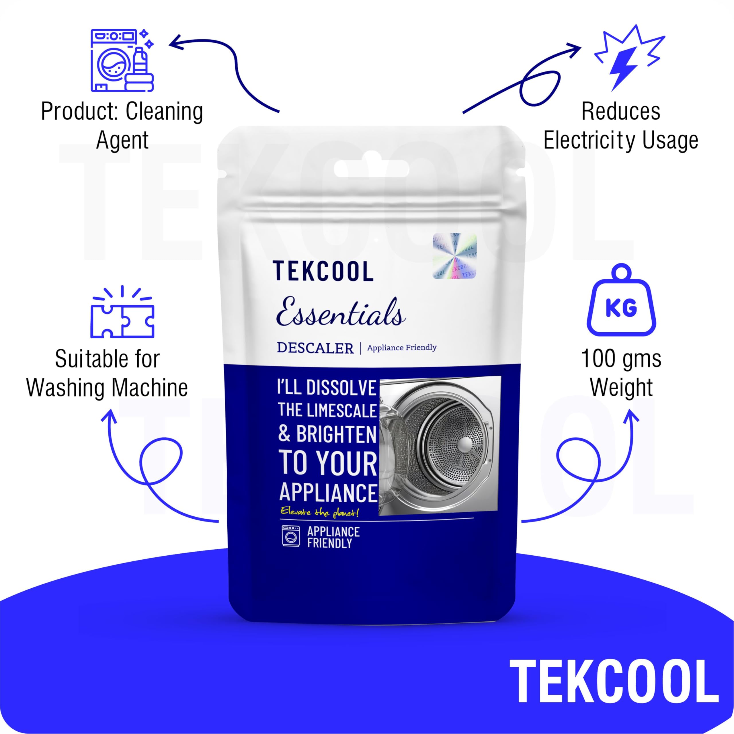 TEKCOOL Washing Machine Cleaner & Descaler - Front Load & Top Load Washer Cleaning Powder, Descaling Treatment (6-Pack, Blue) - Removes Odors, Limescale & Residue for Fresh, Efficient Laundry