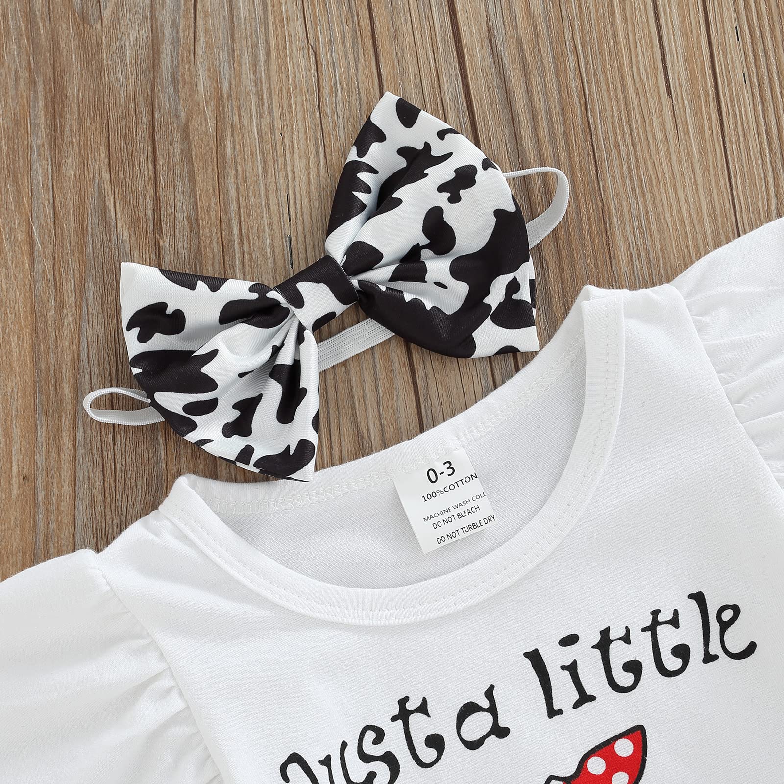 Lefyira Baby Girls Summer Outfit - Cow Print Romper with Ruffle Short Sleeves & Letter Bodysuit | Newborn Bloomers & Headbands Set | Perfect for Photography, Playdates & Summer Adventures