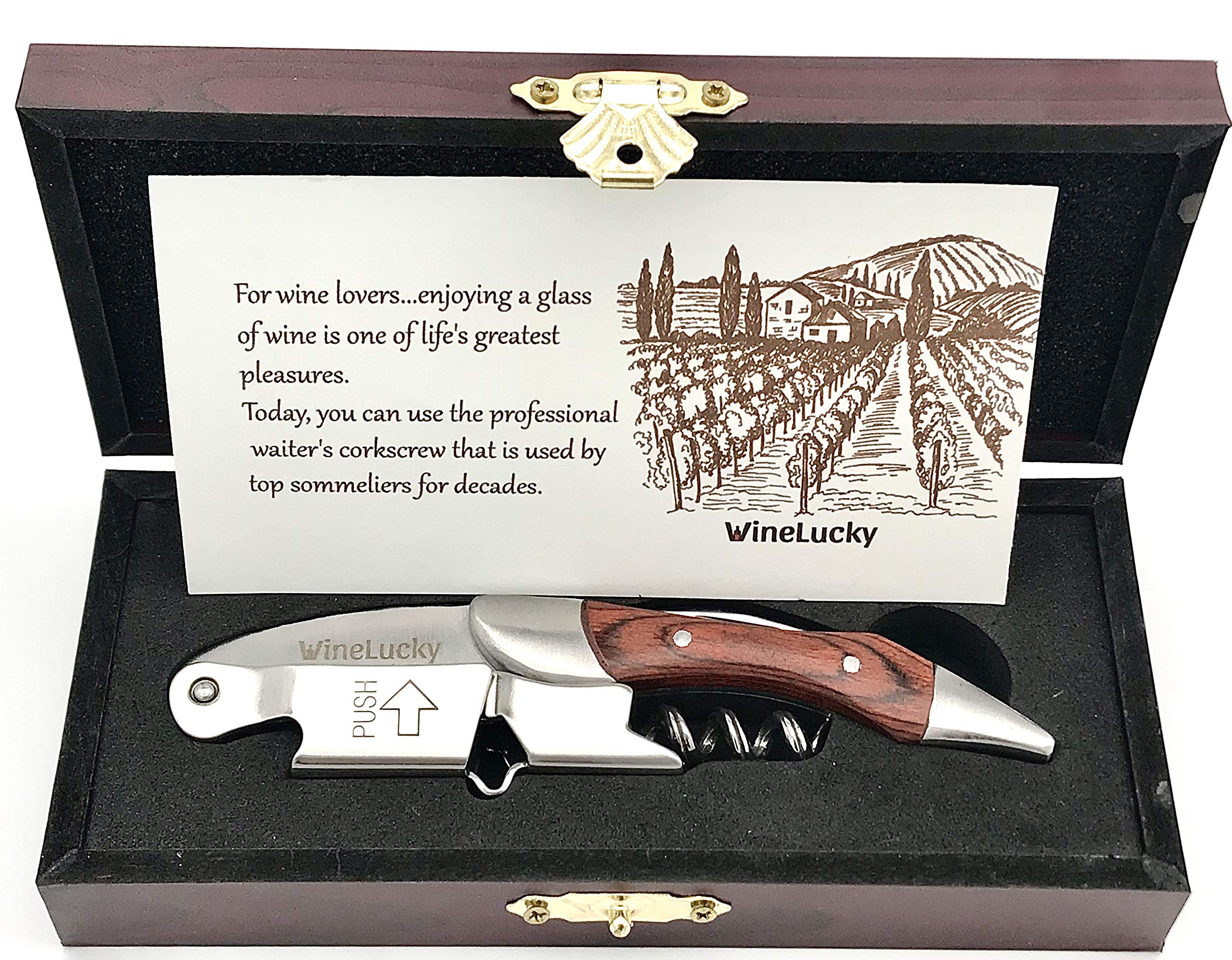 Premium Wooden Box Wine Bottle Opener Set - Heavy Duty Sommelier Corkscrew with Rosewood Handle & Foil Cutter - Stainless Steel Wine Key for Wine Lovers & Waiters - Elegant Gift for Weddings, Anniversaries & Wine Tastings (Brown, Rosewood)