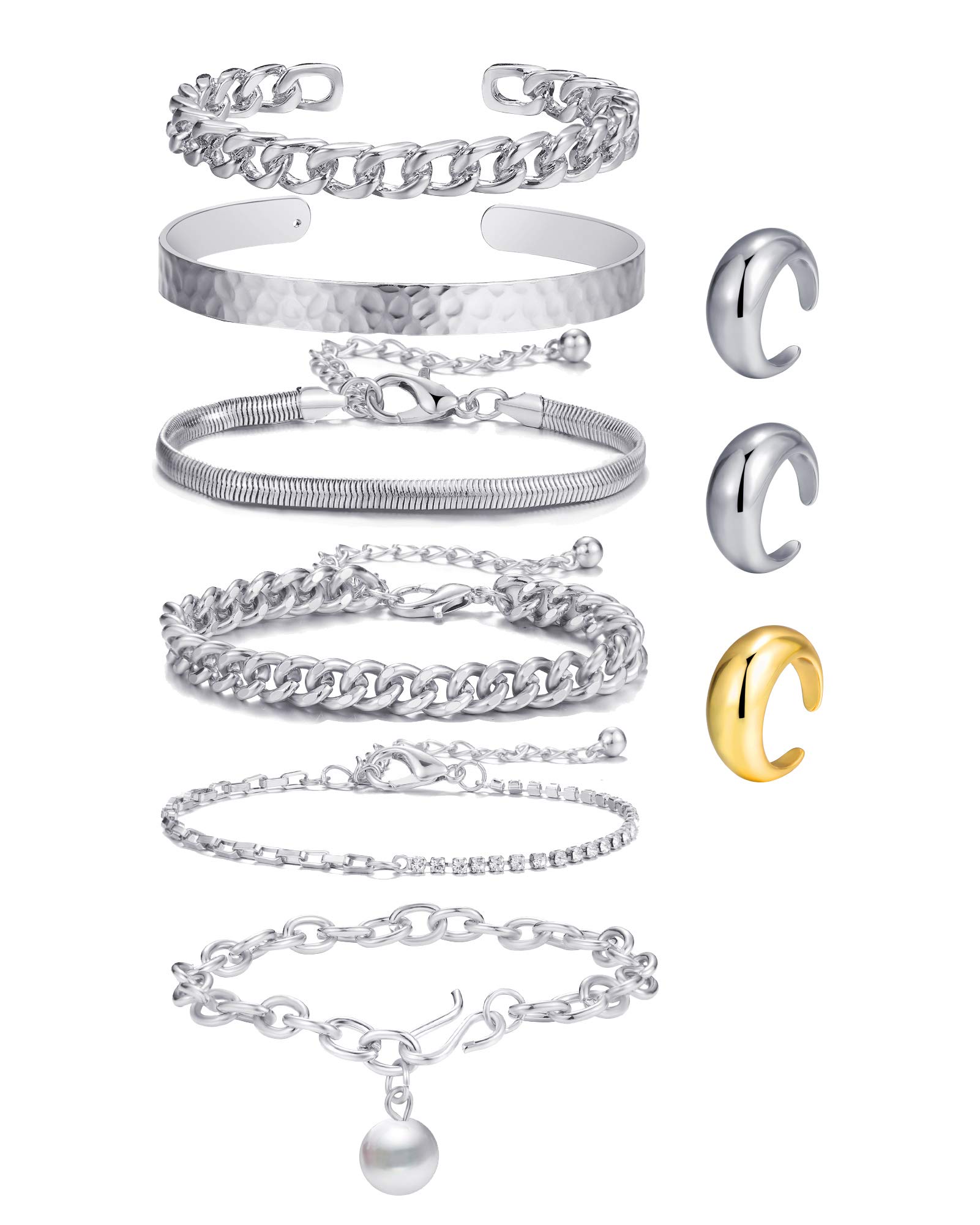 14K Gold Plated Cuban Chain Bracelet & Open Dome Ring Set for Women - 9PCS Jewelry Gift Set for Party, Date Night, and Everyday Wear