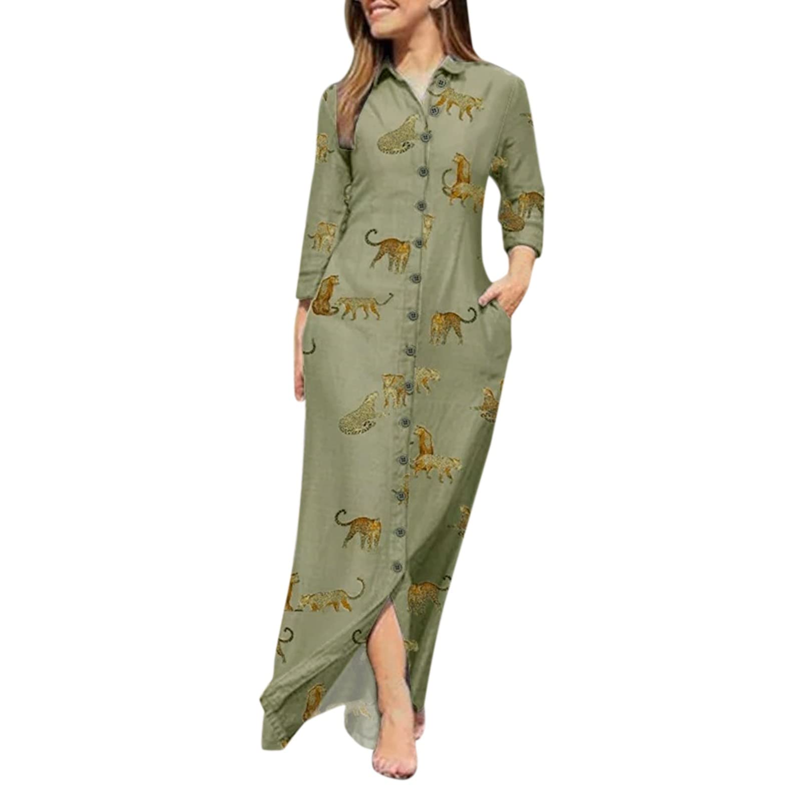 Women's Long Sleeve V-Neck Button Down Dress with Lapel - Floral Print Casual Summer Maxi Dress for Beach, Office & Everyday Wear