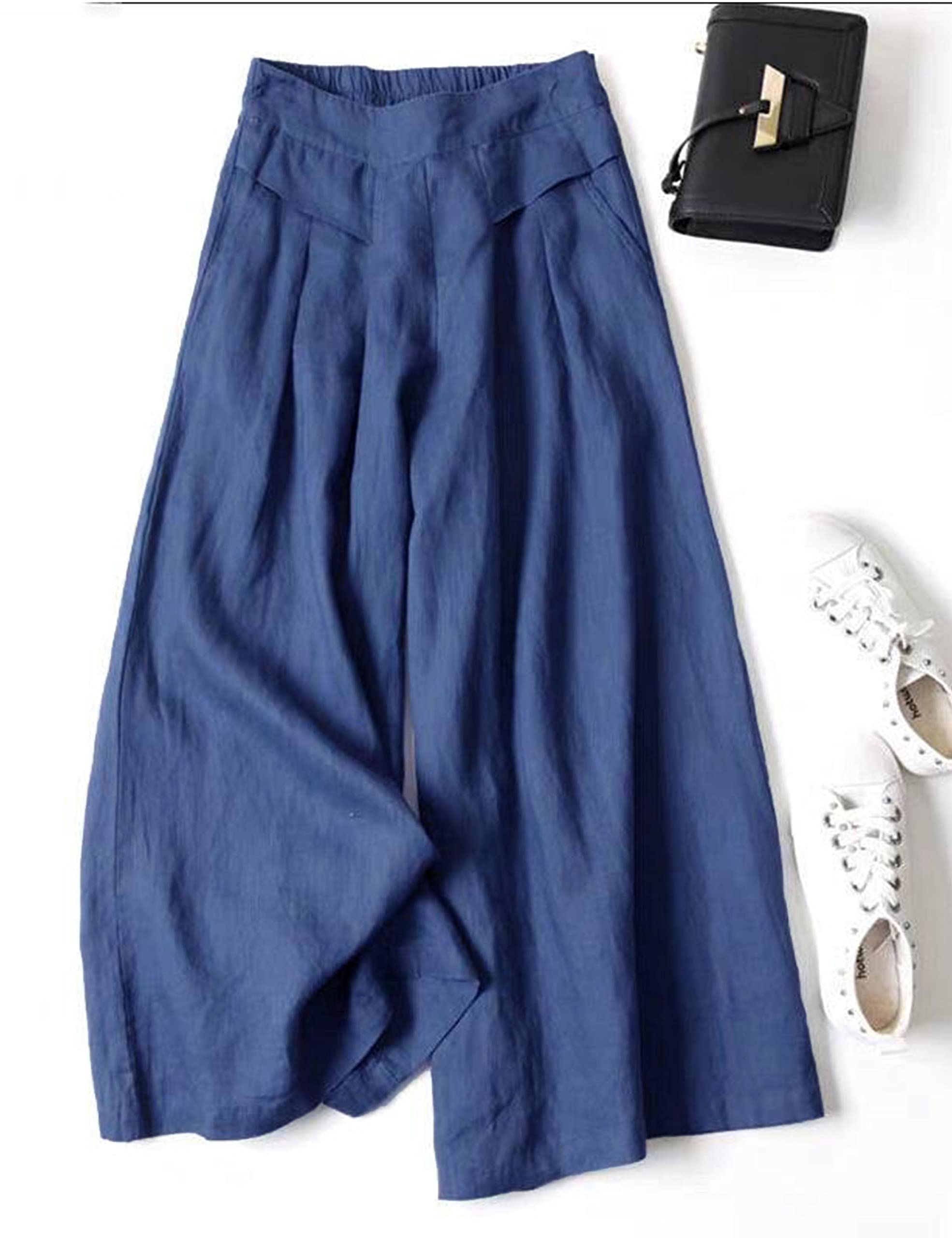 HangNiFang Women's Cotton Linen Wide Leg Pants - Elastic High Waist Summer Work Trousers for Office, Travel & Casual Wear