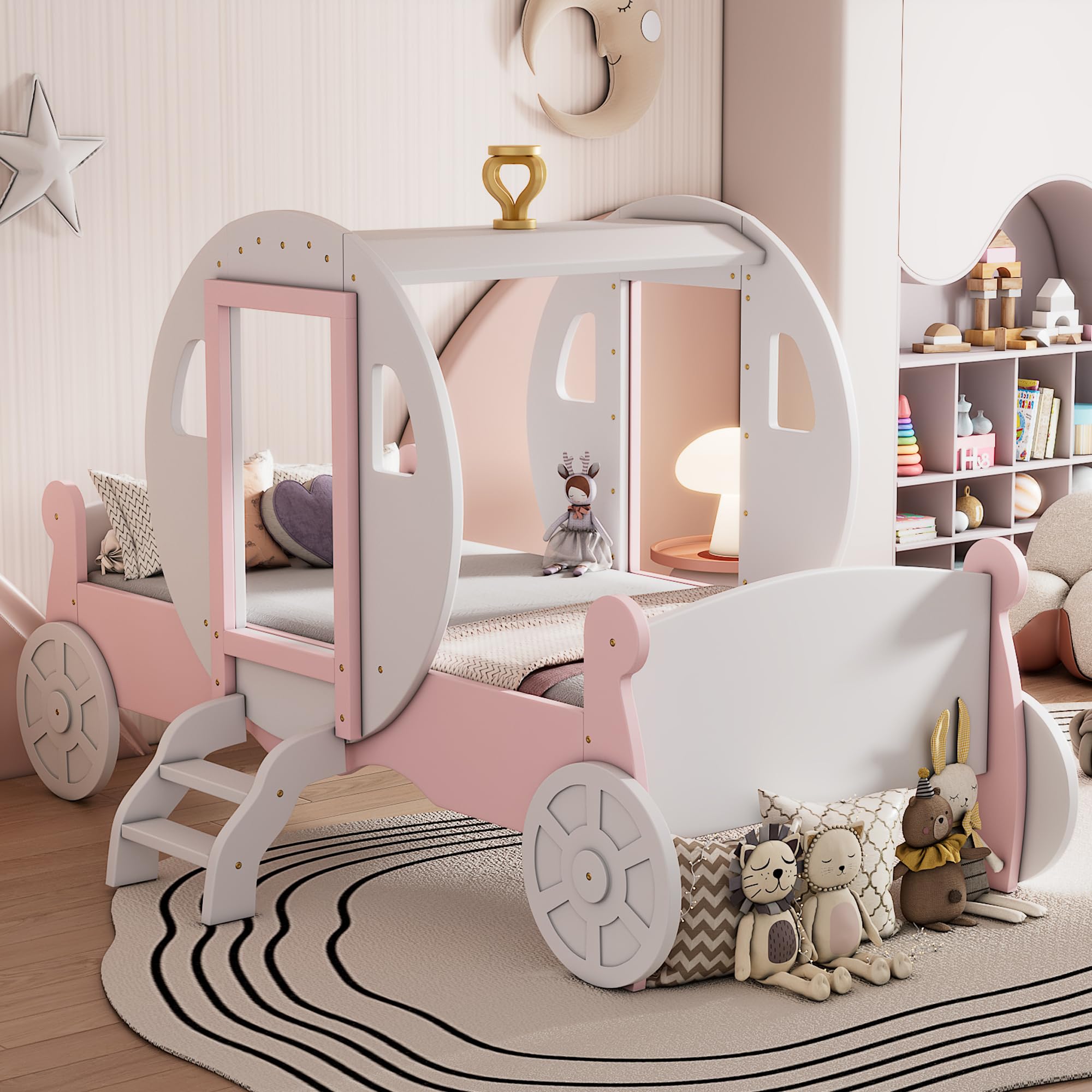 **Princess Carriage Bed for Girls - Twin Size Wooden Platform Bed with Crown & Stairs, White & Pink - Perfect for Kids' Bedroom, Fairy Tale Themed Room & Sleepover Fun**