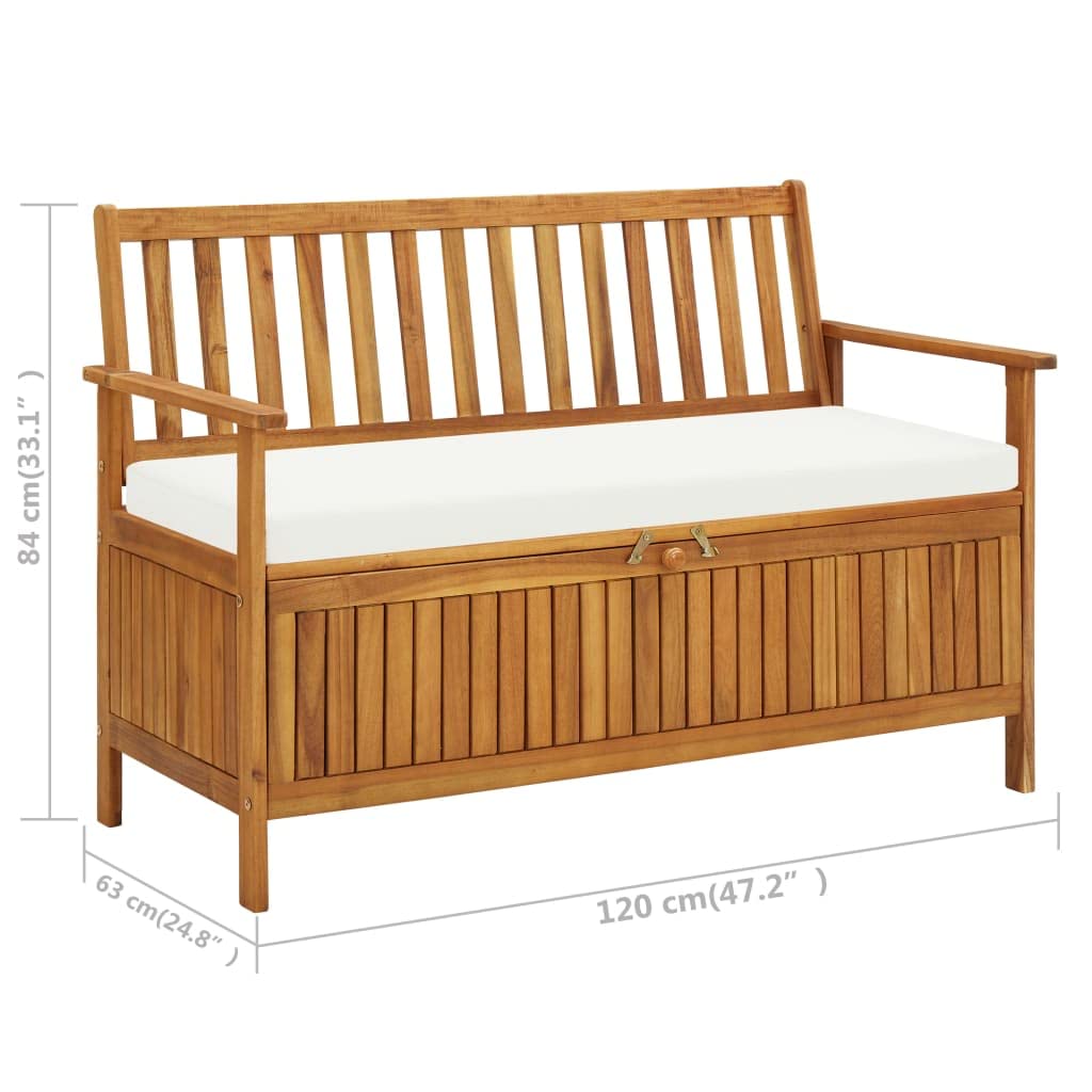 vidaXL Solid Acacia Wood Outdoor Storage Bench with Backrest, Armrests & Cushion - 47.2
