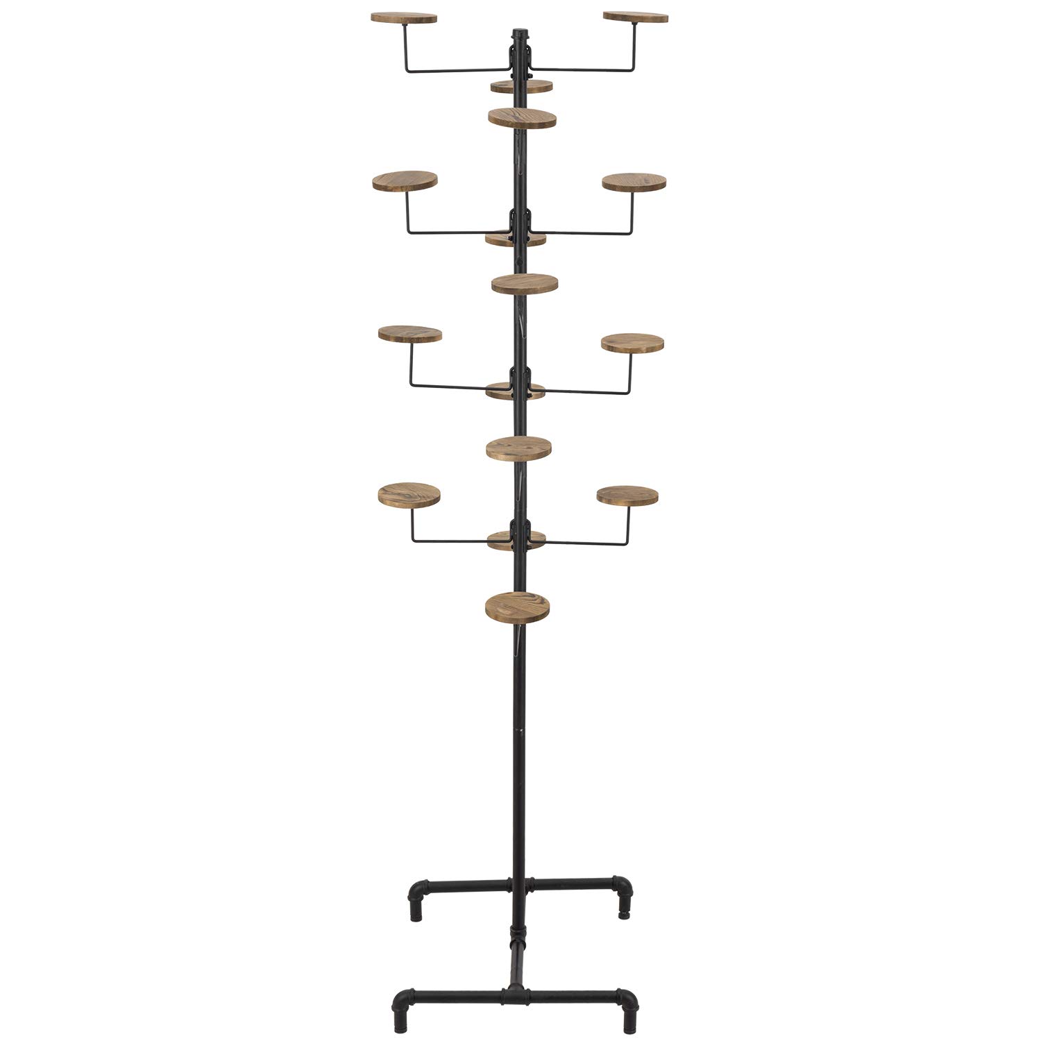 MyGift 16-Hook Industrial Black Metal Pipe Hat Display Rack - Freestanding Customizable Retail Hats & Wigs Stand with Rustic Wood Holders - Perfect for Boutiques, Clothing Stores & Home Decor