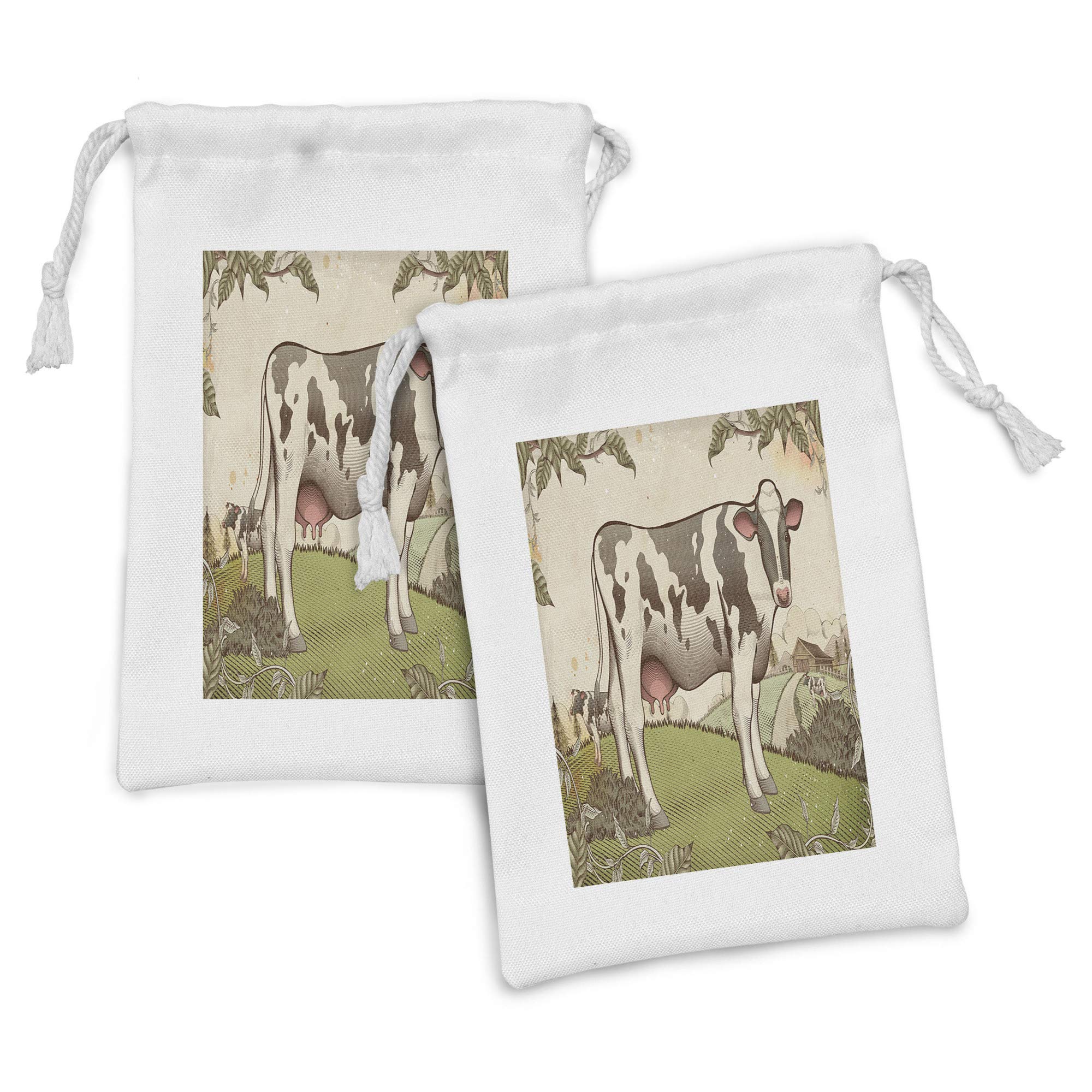 Ambesonne Farm Animal Fabric Pouch Set of 2 - Vintage Pastel Engraved Dairy Cattle Design, Small Drawstring Bags for Toiletries, Masks, Jewelry & Party Favors (9