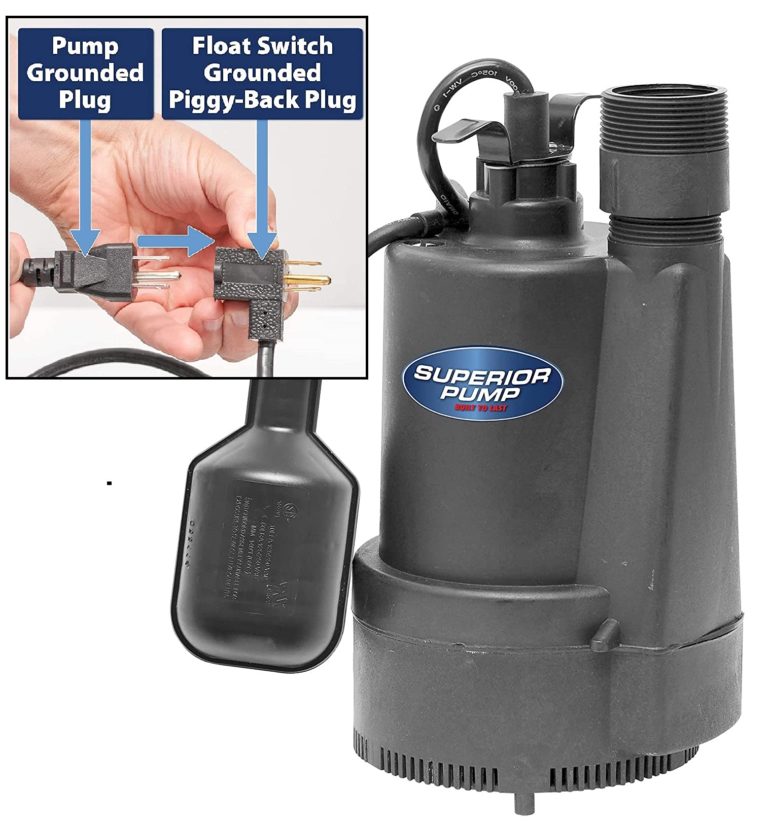 Superior Pump 92330 1/3 HP Thermoplastic Submersible Sump Pump with Tethered Float Switch - Heavy Duty Water Removal for Basements, Crawl Spaces & Flooded Areas