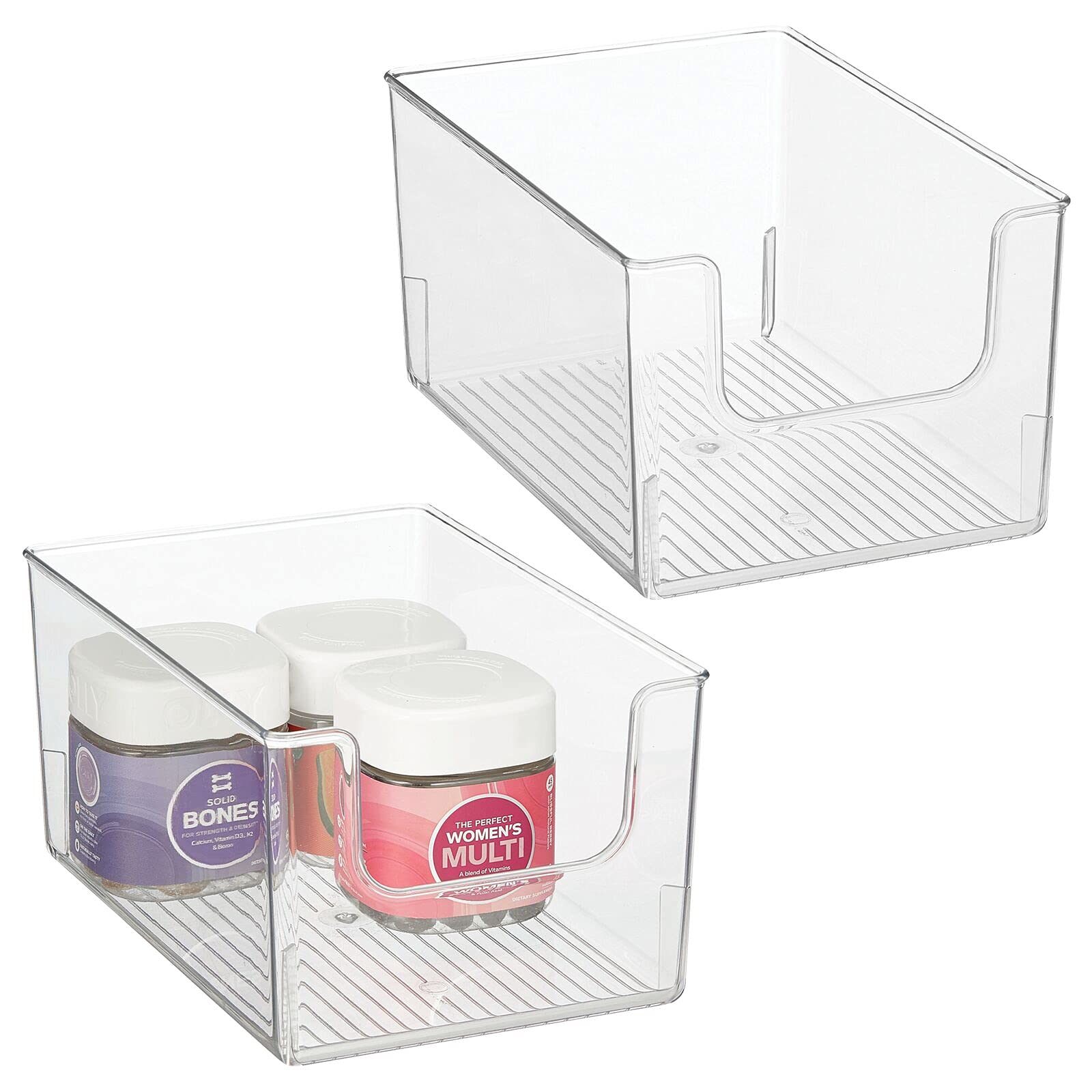 mDesign Modern Deep Plastic Open Front Storage Bins - 2 Pack Clear Organizer Baskets for Bathroom Vanity, Shelves, Cabinets & Closet Organization - Perfect for Makeup, Toiletries & Home Decor Storage
