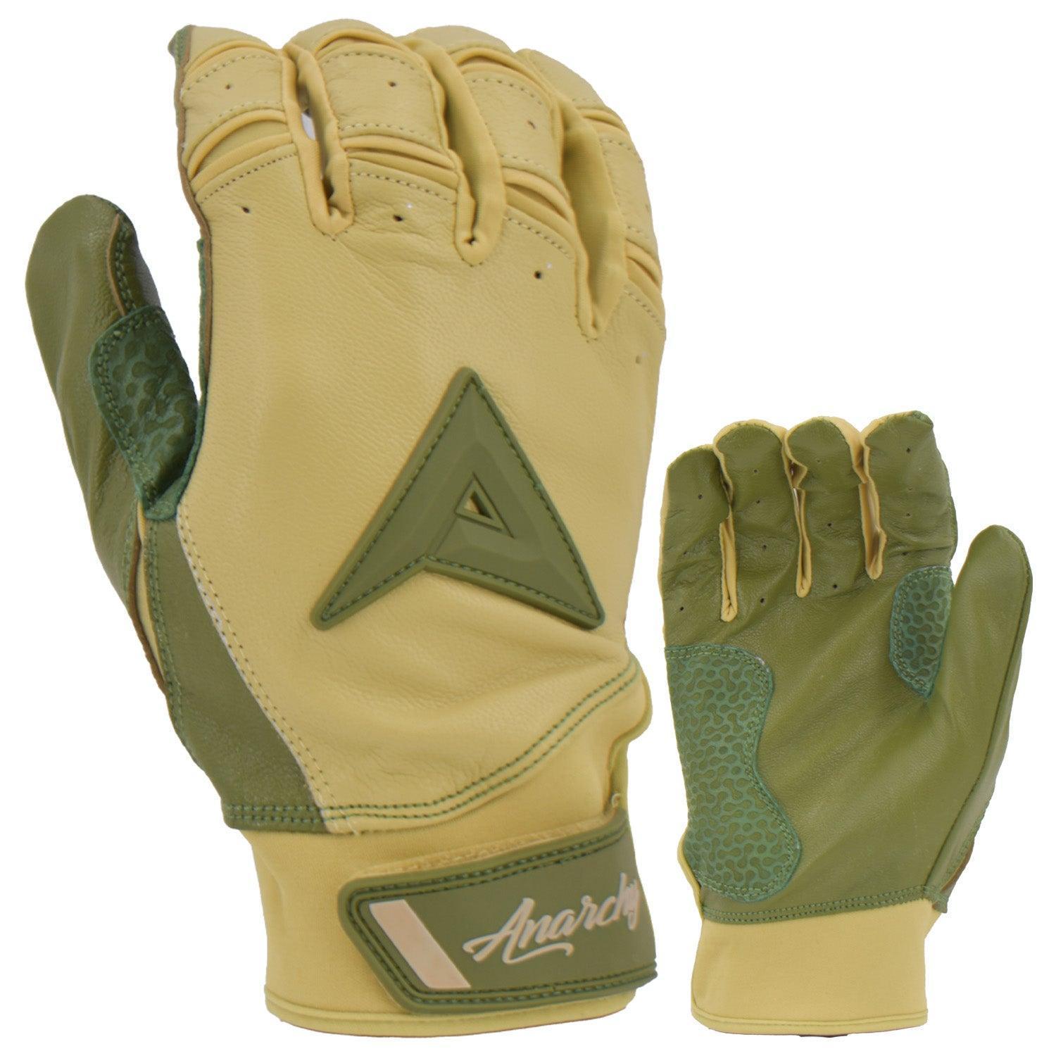 Anarchy Grindstone Short Cuff Batting Gloves - Tan/Olive Green for Baseball & Softball | Durable Grip & Comfort for Training & Games