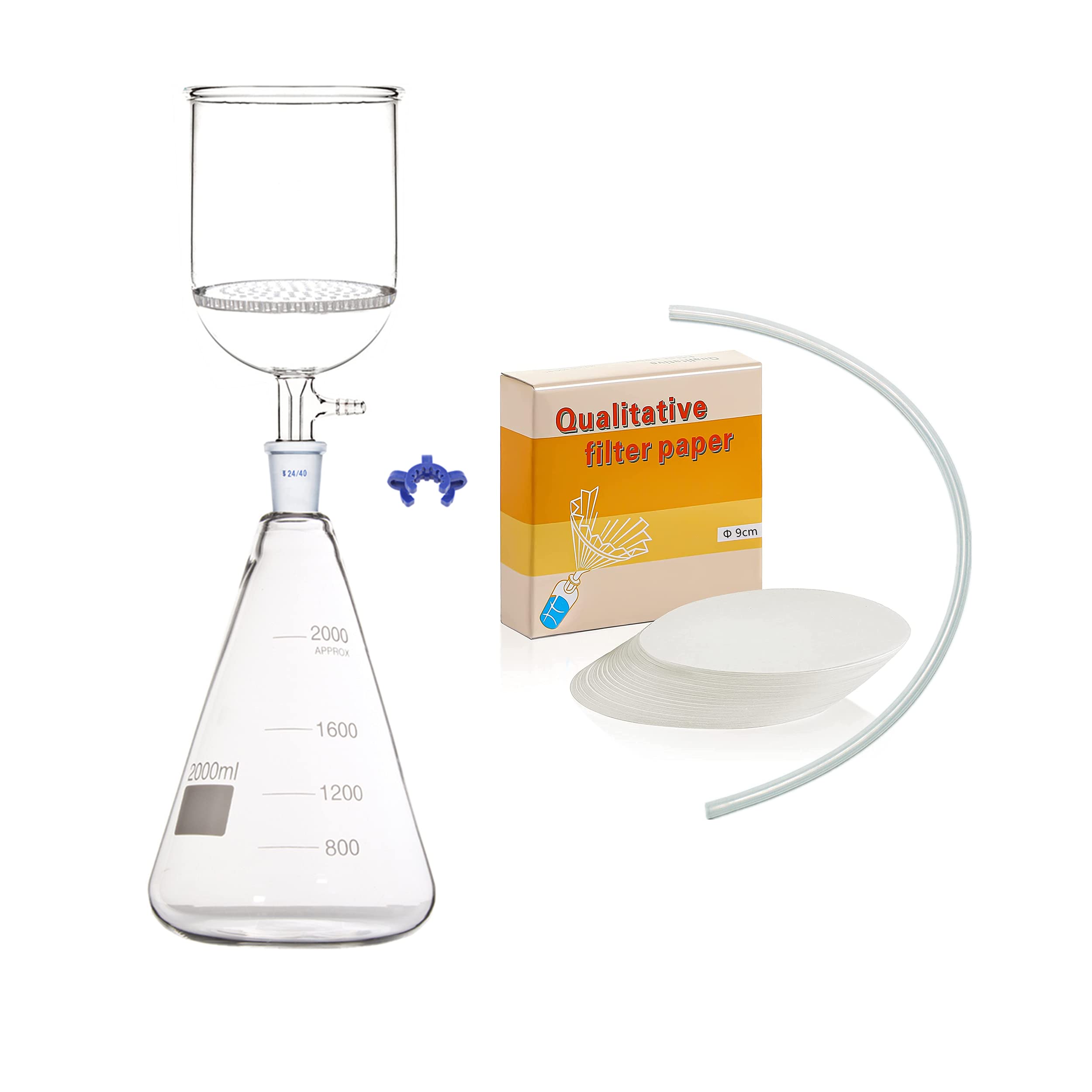 2000ml Suction Filtration Kit with 90mm Buchner Funnel, 2L Flask & Vacuum Pump - Laboratory Filtration System for Chemistry, Biology Experiments & Scientific Research