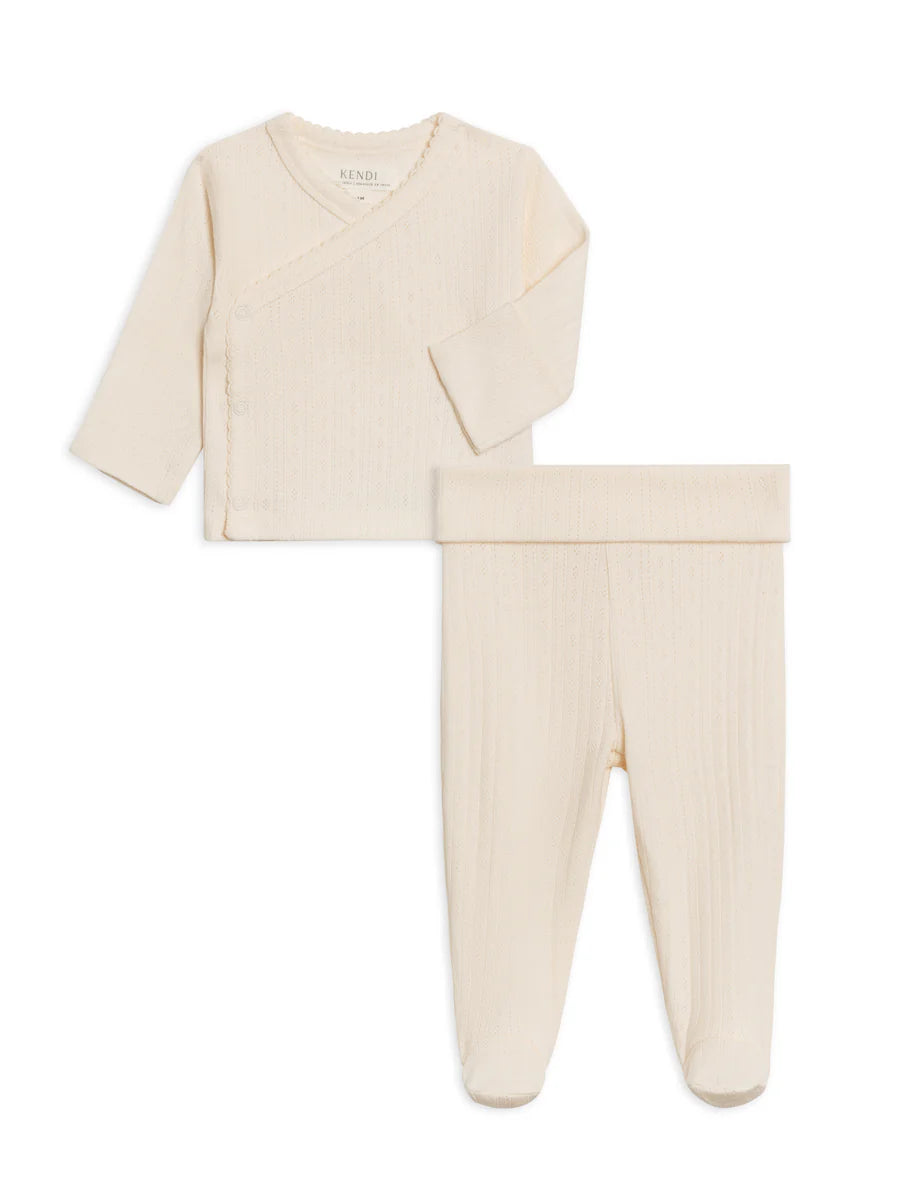 Lacey Pointelle Kimono Top and Pant Set in Ivory - Boho Chic Loungewear for Women, Perfect for Yoga, Beach Cover-Up, and Casual Outfits